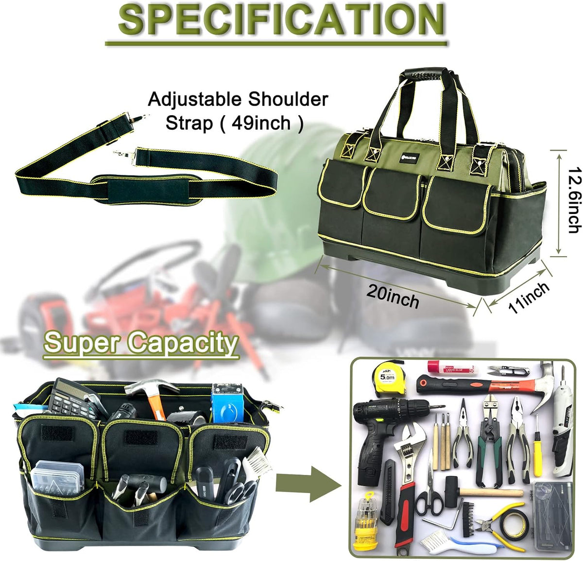 20inch Tool Bag for Men Women Heavy Duty with Waterproof Molded Base Large Tool Bag, Wide Mouth Tool Tote, Artisan Carpenter Electricians Tool Bags,Adjustable Shoulder Strap Organizer
