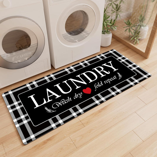 XLHOMO Laundry Room Rug Runner, 17"x47" Buffalo Plaid Non Slip Black Laundry Rugs, Farmhouse Washable Floor Laundry Mats for Laundry Room, Mudroom, Kitchen, Washroom, Bathroom, Entryway Rugs Decor