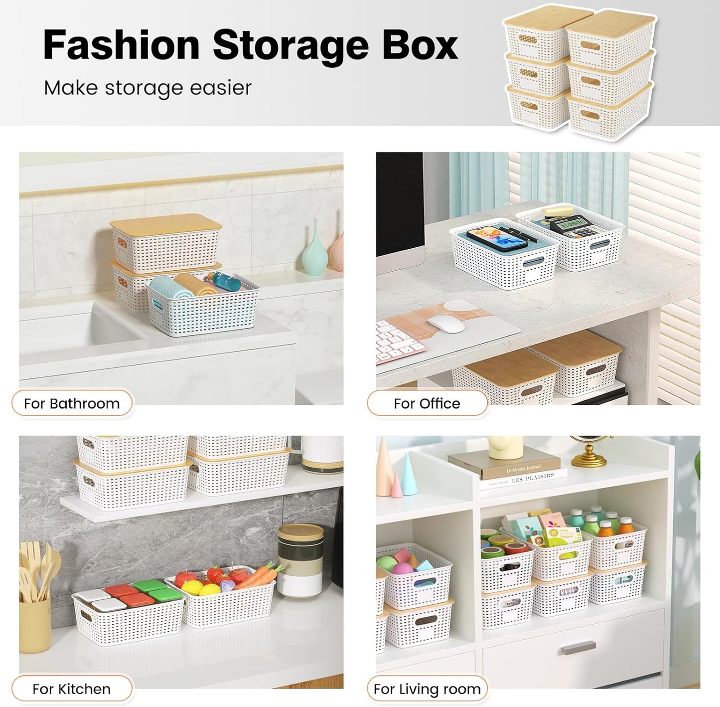 Ohmlove 6 Pack Plastic Storage Baskets with Bamboo Lids for Organization | Stackable Storage bins, Storages Baskets for Organizing Shelves Drawers Desktop Closet Playroom Classroom Office, Cream White