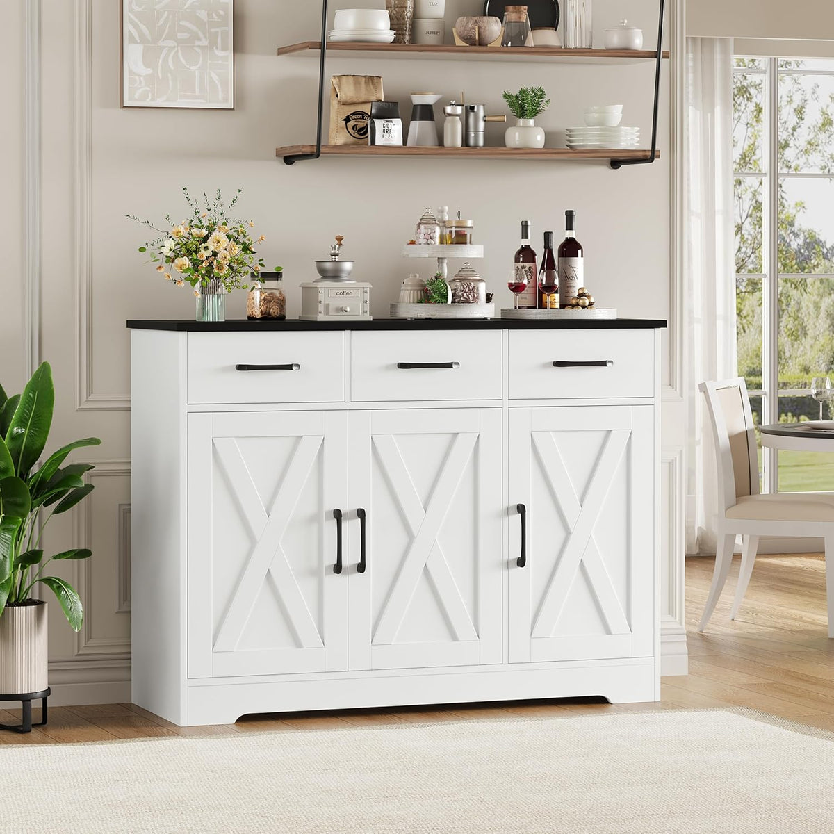 HOSTACK Kitchen Buffet Cabinet with Storage, Sideboard Coffee Bar, White | Farmhouse Kitchen Storage Cabinet with 3 Drawers & Adjustable Shelf & Doors, 42.5"W Buffet Table for Dining Living Room