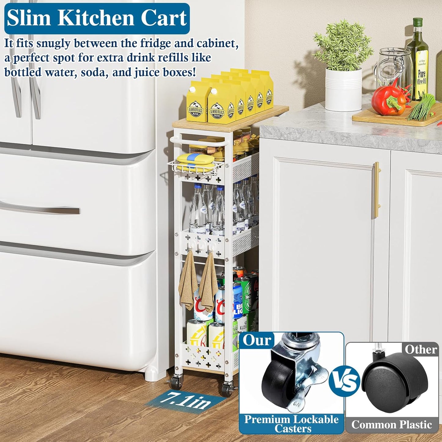 OKZEST Laundry Room Organization Cart with Detergent Dispenser - 4-Tier Slim Rolling Storage for Between Washer & Dryer, Fits Tall Bottles, Rustproof Metal Mesh Shelves, Chic Wood Top & Premium Wheels