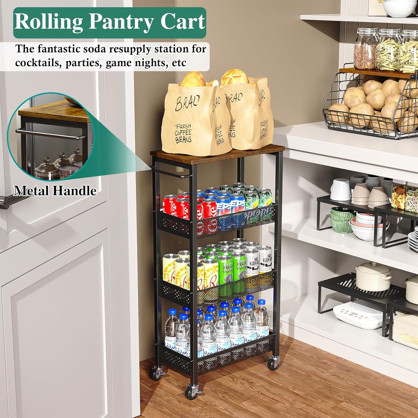OKZEST Utility Slim Storage Cart, 4-Tier Narrow Bathroom Organizer and Storage Cart, Metal Narrow Kitchen Laundry Room Organization Rack with Wood Top, Slim Rolling Shelf with Wheels for Small Space