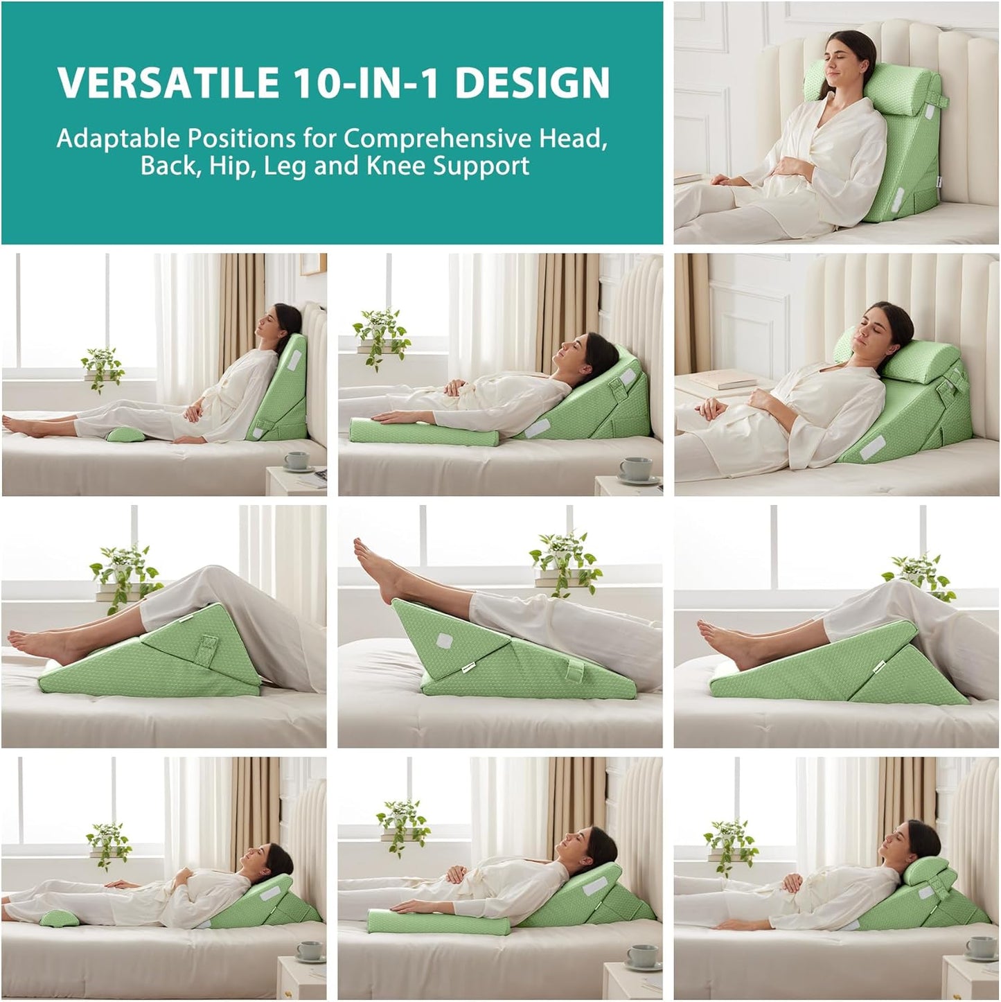 Bedluxe 3Pcs Orthopedic Bed Wedge Pillow Set, Foam Wedge Pillow Post Surgery for Back, Leg and Knee Support, Adjustable 9&12 Inch Folding Triangle Pillow for Sleeping, Acid Reflux, Snoring, Green
