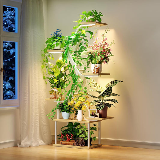 White Plant Shelves with Grow Lights: 7-Tier 65" Tall Modern Plant Stand for Indoor Corners, Living Room Display or Bedroom Gardening Rack