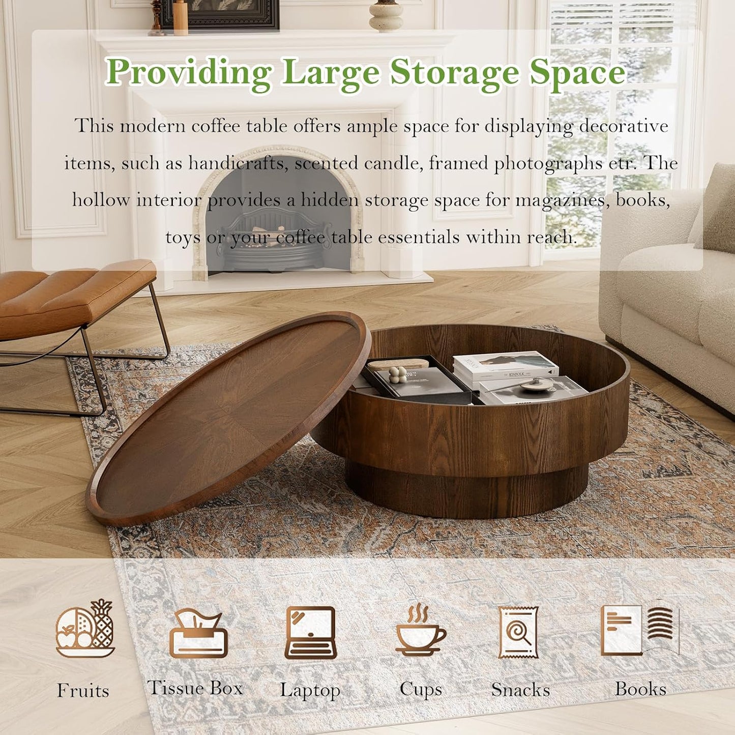 30.7" Round Coffee Table with Storage (Circle Storage Table 30.7in) | Modern Stylish Circle Storages Coffee Table with Solid Wood Veneered | for Living Room Study Balcony Farmhouse