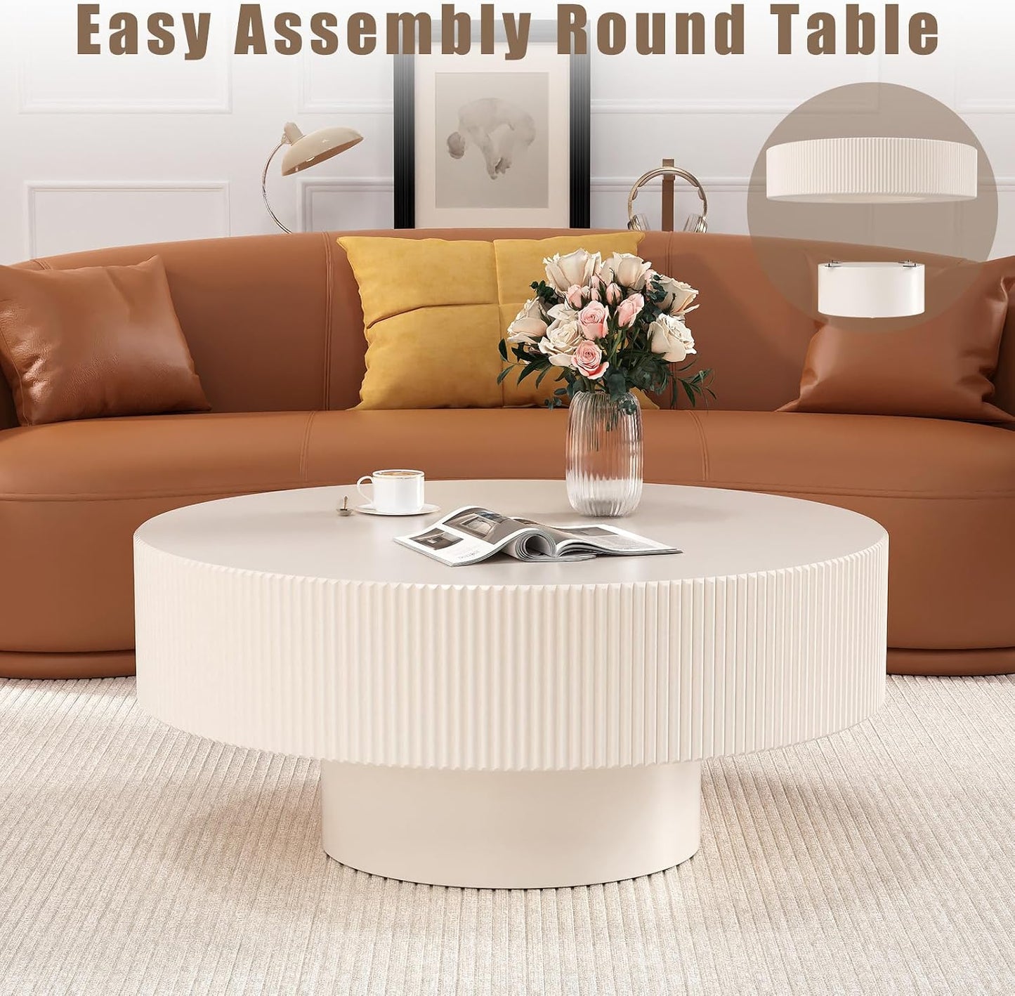 White Round Fluted Coffee Table for Living Room (Ivory White Thick Desktop) | Handcrafted Relief Edges, Mid Century Modern, Circular Drum Coffee Table, Center Tables for Office Outdoor