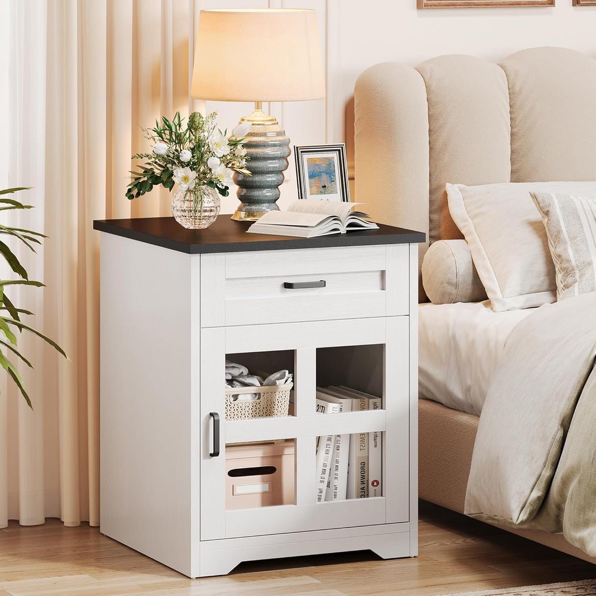 Farmhouse 18'' End Table, Narrow Sofa Side Table with Drawer and Barn Door, Wooden Nightstand Storage Cabinet for Living Room and Bedroom