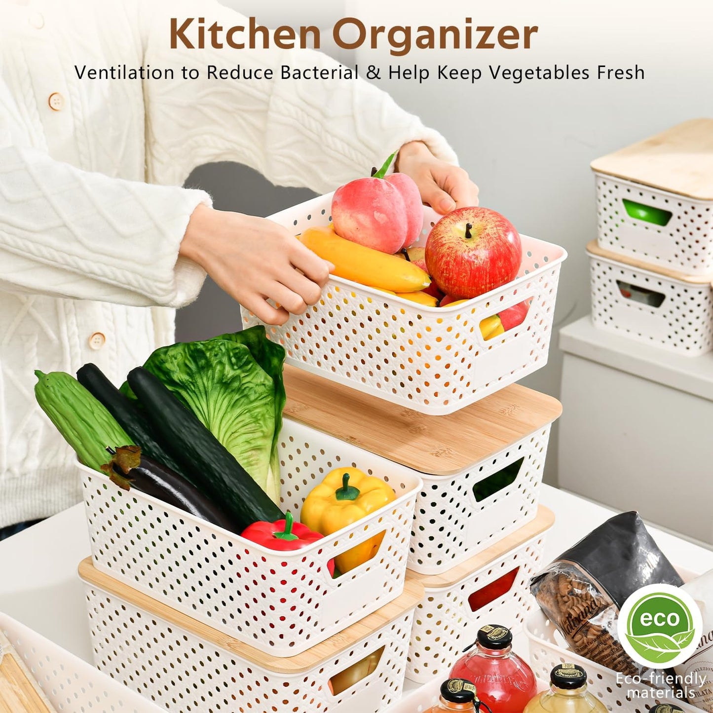 8 Pack Plastic Storage Bins with Bamboo Lids - Stackable Storage Baskets with Handle for Pantry Organizer and Storage, Plastic Containers Bins Lidded Storage Bins for Classroom Office Shelves