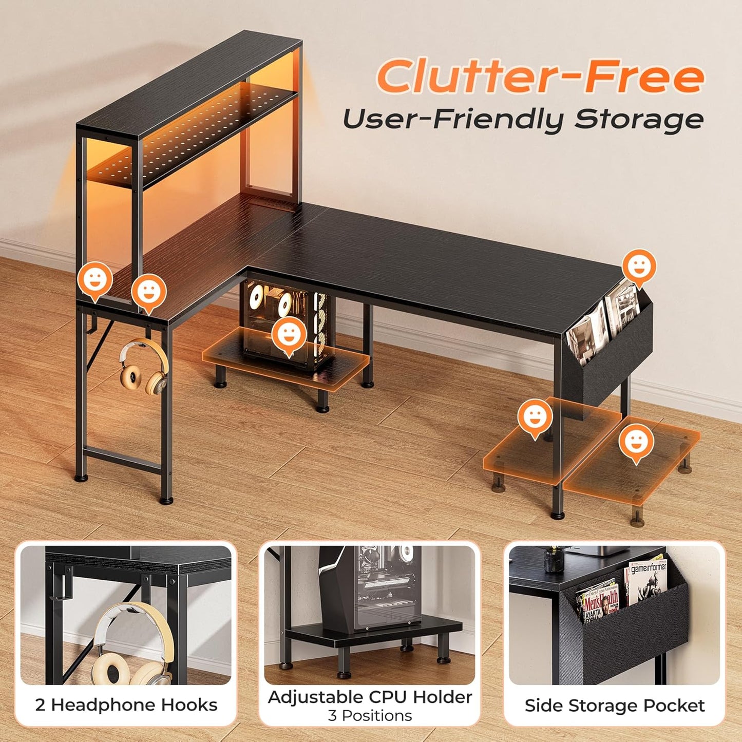 PRAISUN 51.2" L Shaped Gaming Desk with Power Outlets & USB-C Port, LED Lights, Computer Desk with Pegboard, Corner Desk with Storage Shelves & Bag, Office Desk with CPU Stand for Home Office, Black