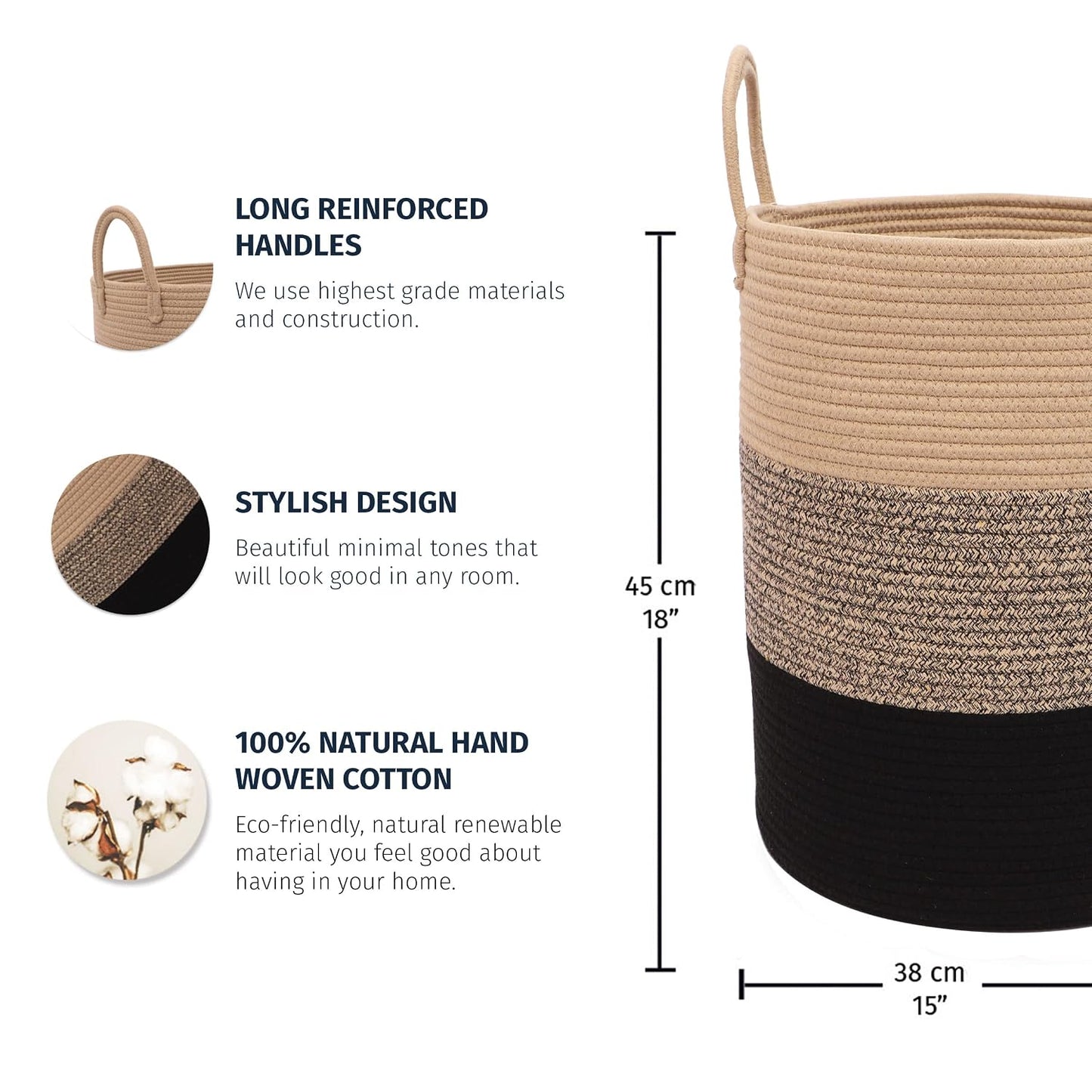 OrganiHaus Tall Cotton Rope Laundry Basket & Hamper, Blanket Storage 52L | 3-Toned Brown - Tall Cotton Rope Hamper, 52L