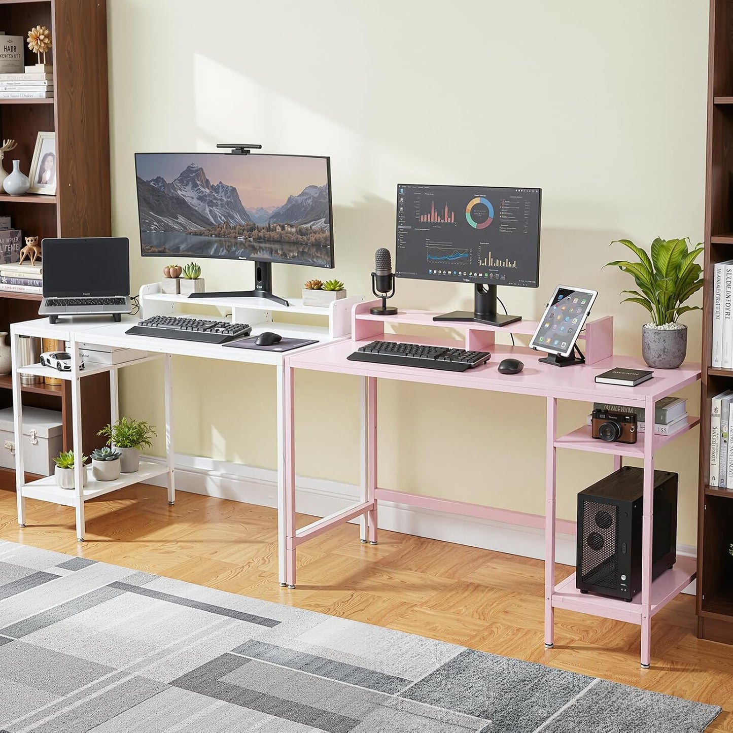 MINOSYS 47-inch Computer Desk with Storage Shelf - Ideal Gaming Desk for Bedrooms, Small Spaces, and Home Offices Modern Writing Desk for PCs,Pink Table.