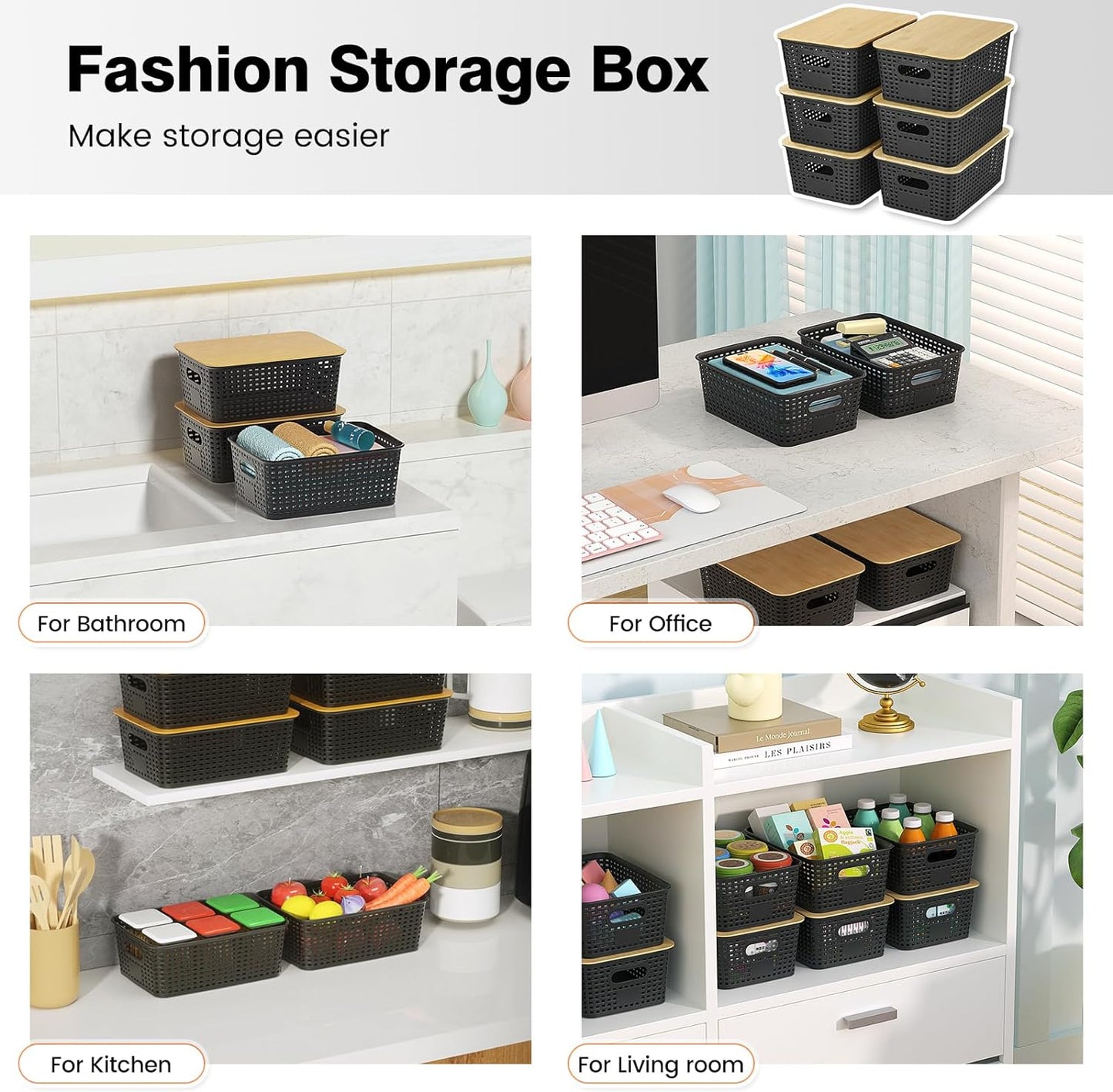 Ohmlove 6 Pack Plastic Storage Baskets with Bamboo Lids for Organization | Stackable Storage bins, Storages Baskets for Organizing Shelves Drawers Desktop Closet Playroom Classroom Office,Black