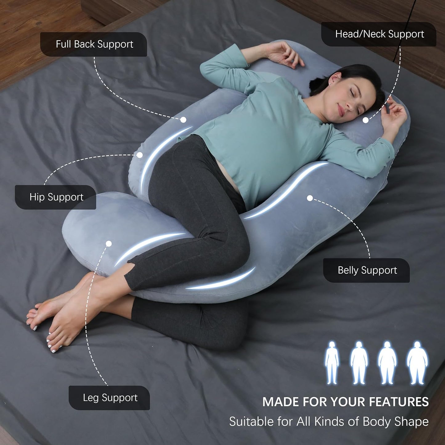 MOON PARK Pregnancy Pillows for Sleeping - 57 Inch U Shaped Full Body Maternity Pillow with Removable Cover - Support for Back, Legs, Belly, Hips - Pregnancy Pillow for Women - Grey
