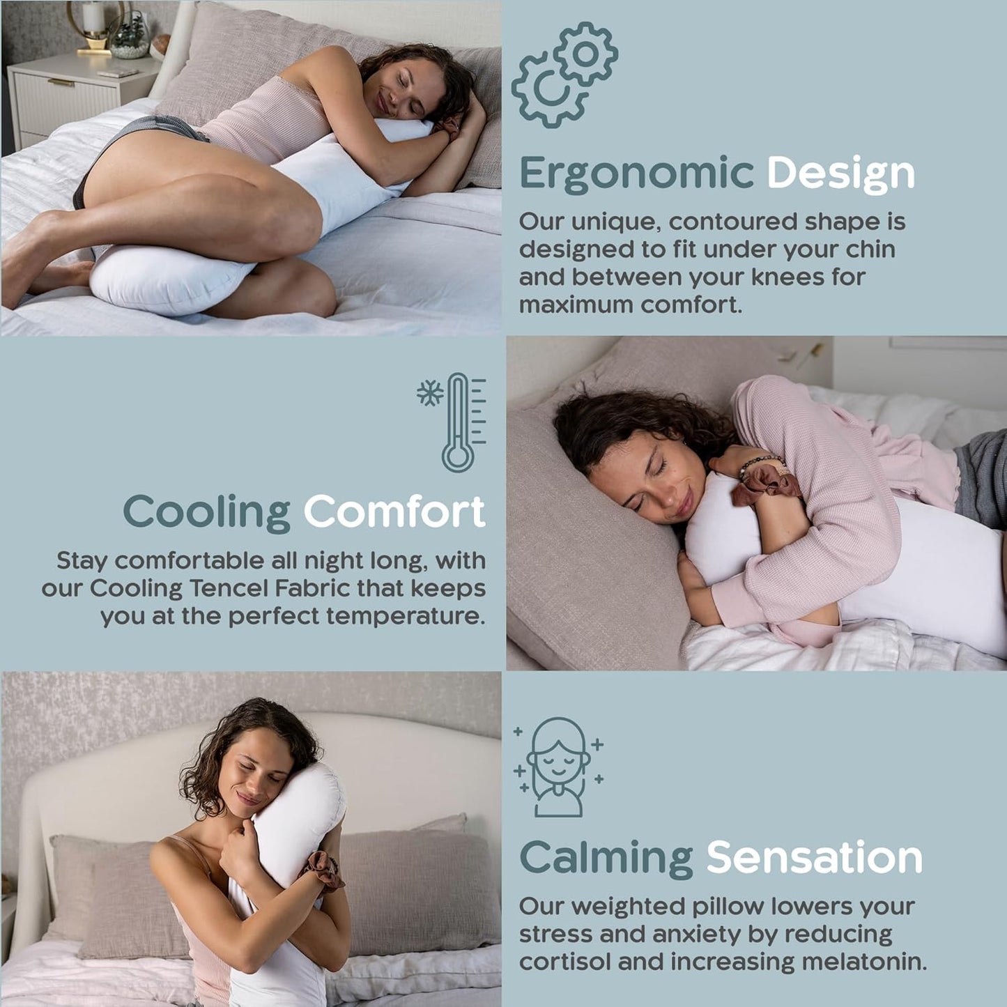 SleepCloud Weighted Body Pillow 6.5lbs - Weighted Pillow for Deeper Sleep (41” x 10”) - Cooling Body Pillows for Adults, Full Body Pillow for Adults, Side Sleeper Body Pillows with Cover (White)