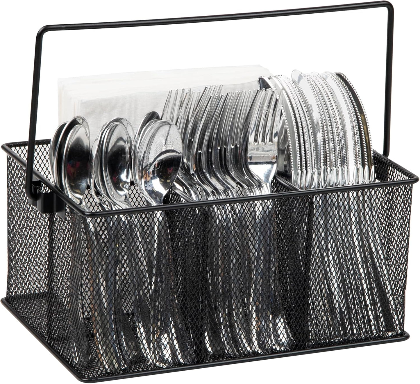 Mind Reader Multi-purpose Storage Caddy with Handle, Desktop Organizer, Cutlery Holder, 4 Compartments, Metal Mesh, Black