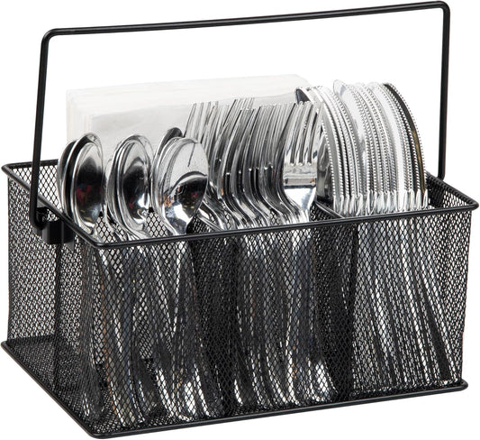 Mind Reader Multi-purpose Storage Caddy with Handle, Desktop Organizer, Cutlery Holder, 4 Compartments, Metal Mesh, Black
