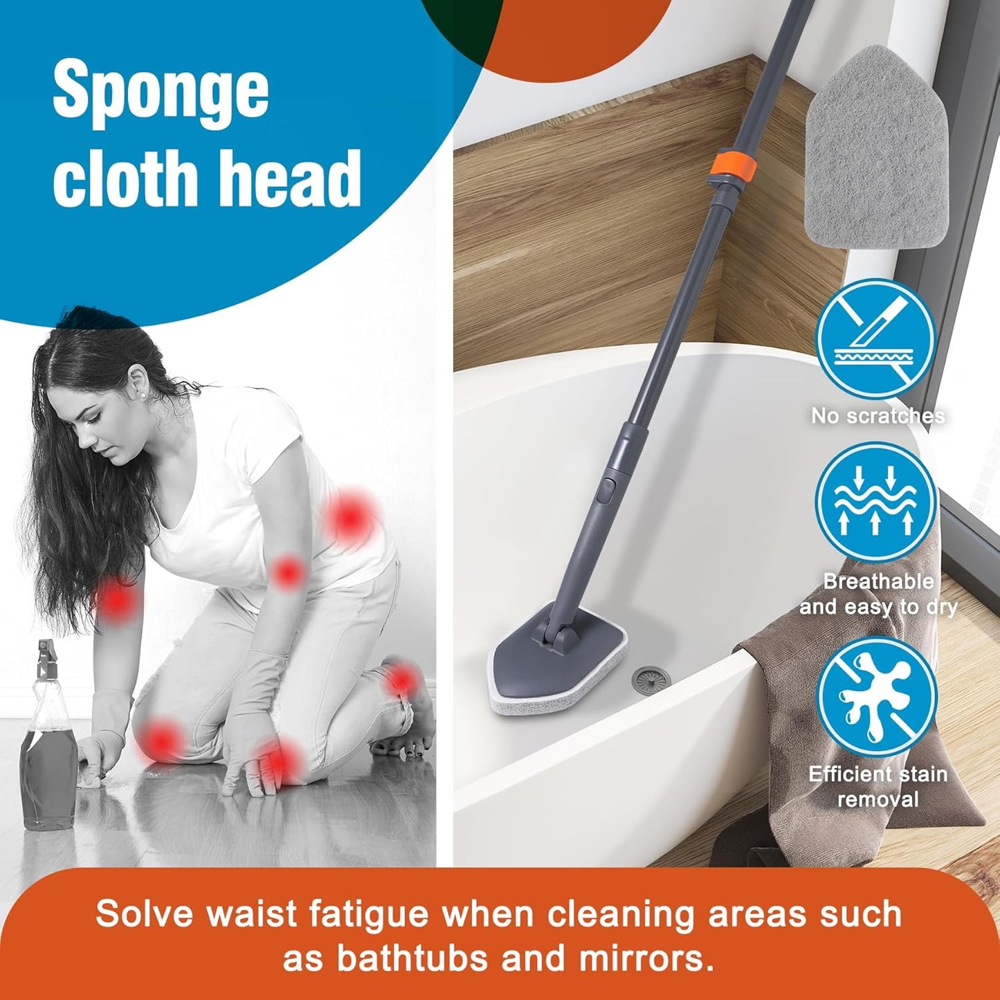 CLEANHOME Tub Tile Scrubber Brush with 3 Different Function Cleaning Pads and 56" Extendable Long Handle-No Scratch for Cleaning Bathroom Kitchen Toilet Wall Sink,Orange