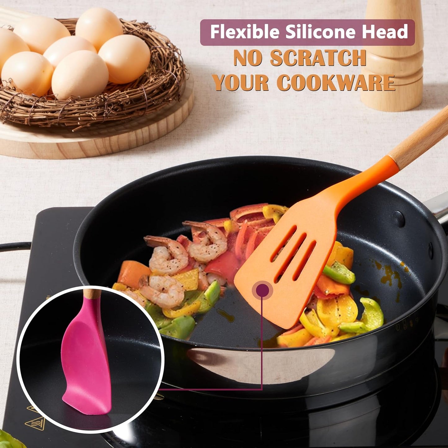 E-far Silicone Cooking Utensils Set, 5-Piece Kitchen Utensils Set with Wooden Handle for Cooking, Silicone Kitchen Nonstick Tools Spatula Turner Slotted Spoons, Nontoxic & Heat Resistant-Colorful