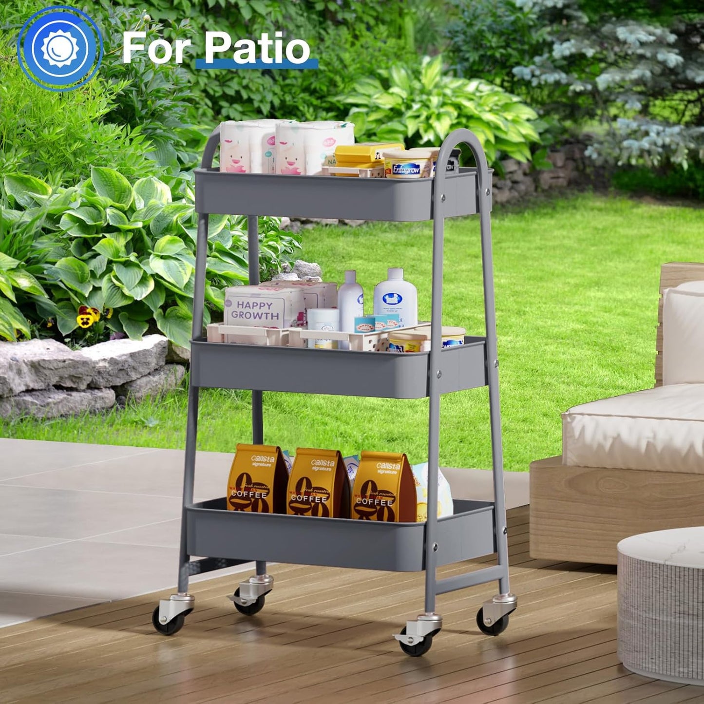 OLIXIS Metal 3 Tiers Utility Rolling Cart, Mobile Storage Shelf with Lockable Caster Wheels, Organization for Livingroom, Bathroom & Narrow Places, Gray