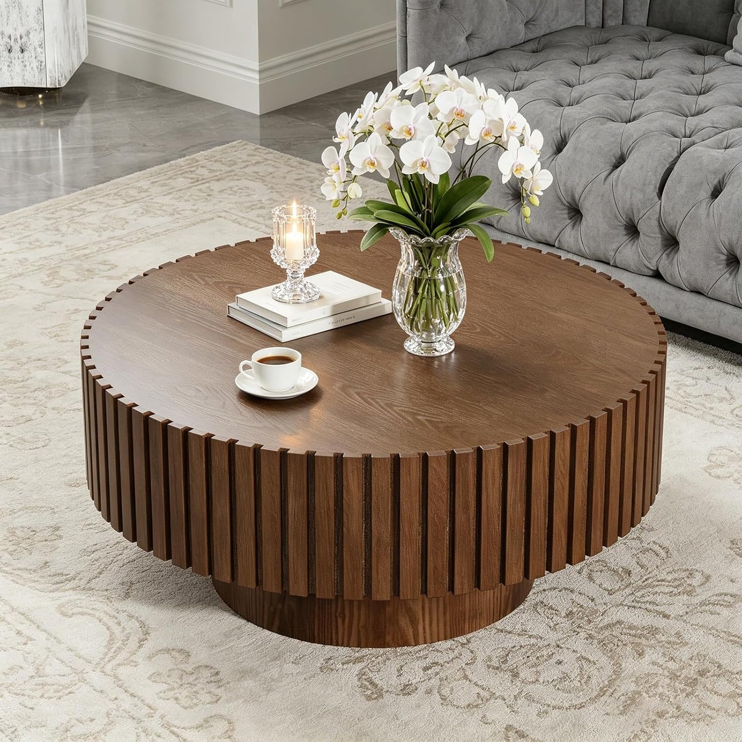 31.5" Modern Round Coffee Table (Round Brown) | Contemporary Circle Fluted Center Table, Solid Wood Relief, Vintage Wooden Accent Table, For Living Room, Small Spaces