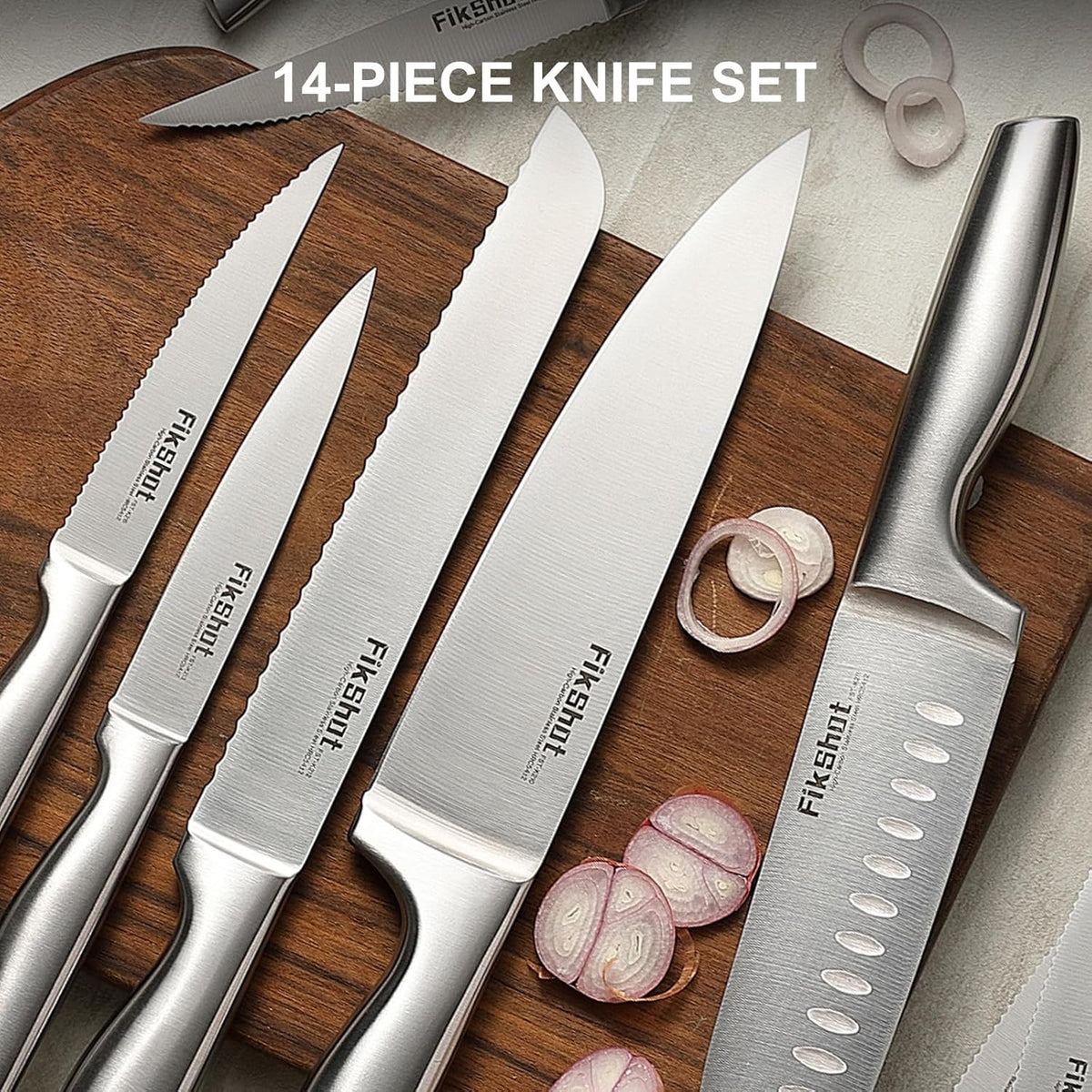 FIKSHOT 14 Pieces Knife Block Set German Stainless Steel with Block, Razor-Sharp Santoku Knives, Fruit & Kitchen Knives, Rust Resistant for Homecooks (Silver + Walnut)