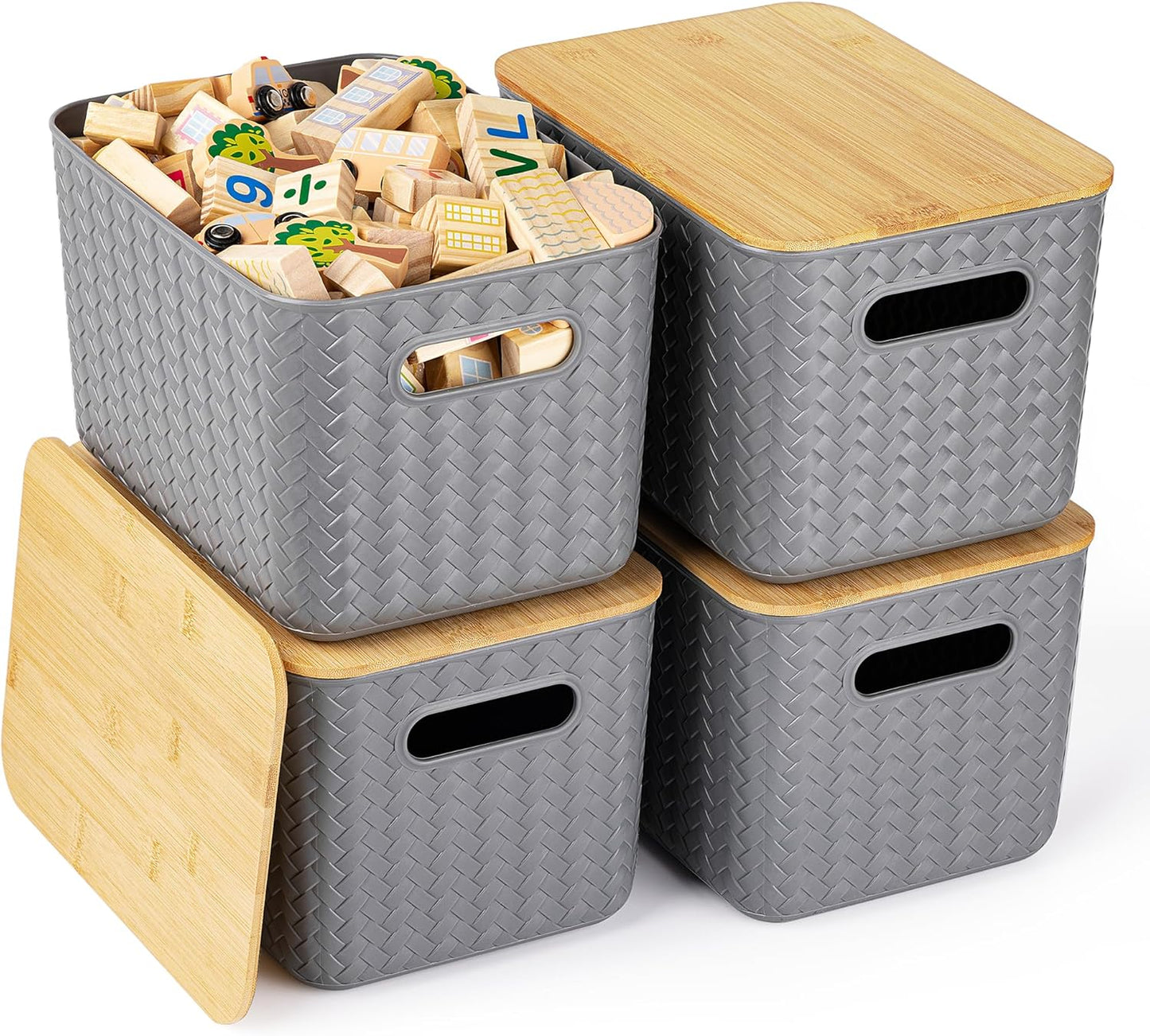 Ohmlove 4 Packs Storage Bins with Bamboo Lids - Plastic Storage Containers with Lids Stackable Storage Box：Storages Baskets for Organizing Desktop Closet Playroom Classroom Office,White
