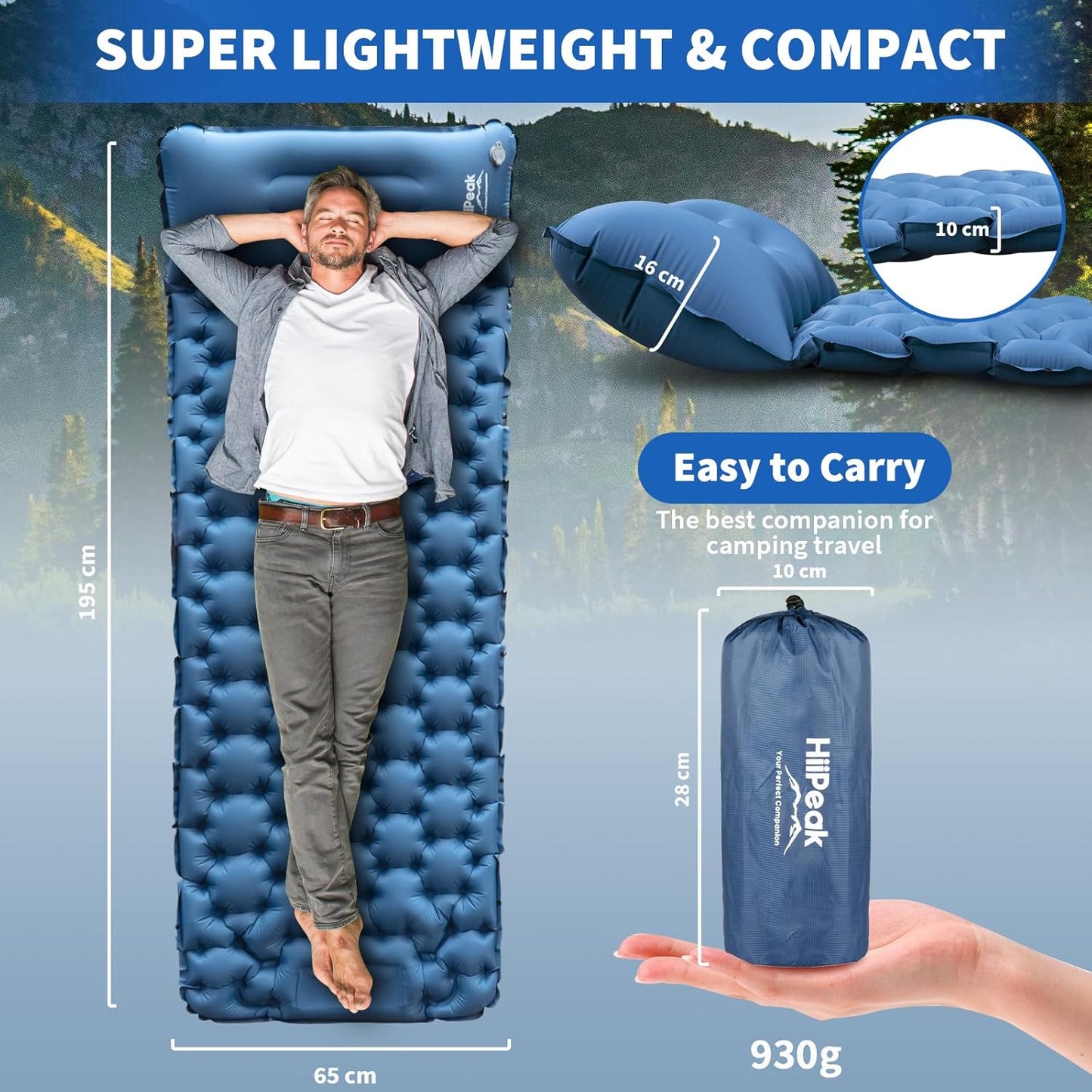 HiiPeak Sleeping Pad for Camping- Ultralight Inflatable Sleeping Mat with Built-in Foot Pump & Pillow, Upgraded Compact Camping Air Mattress for Tent, Backpacking, Hiking