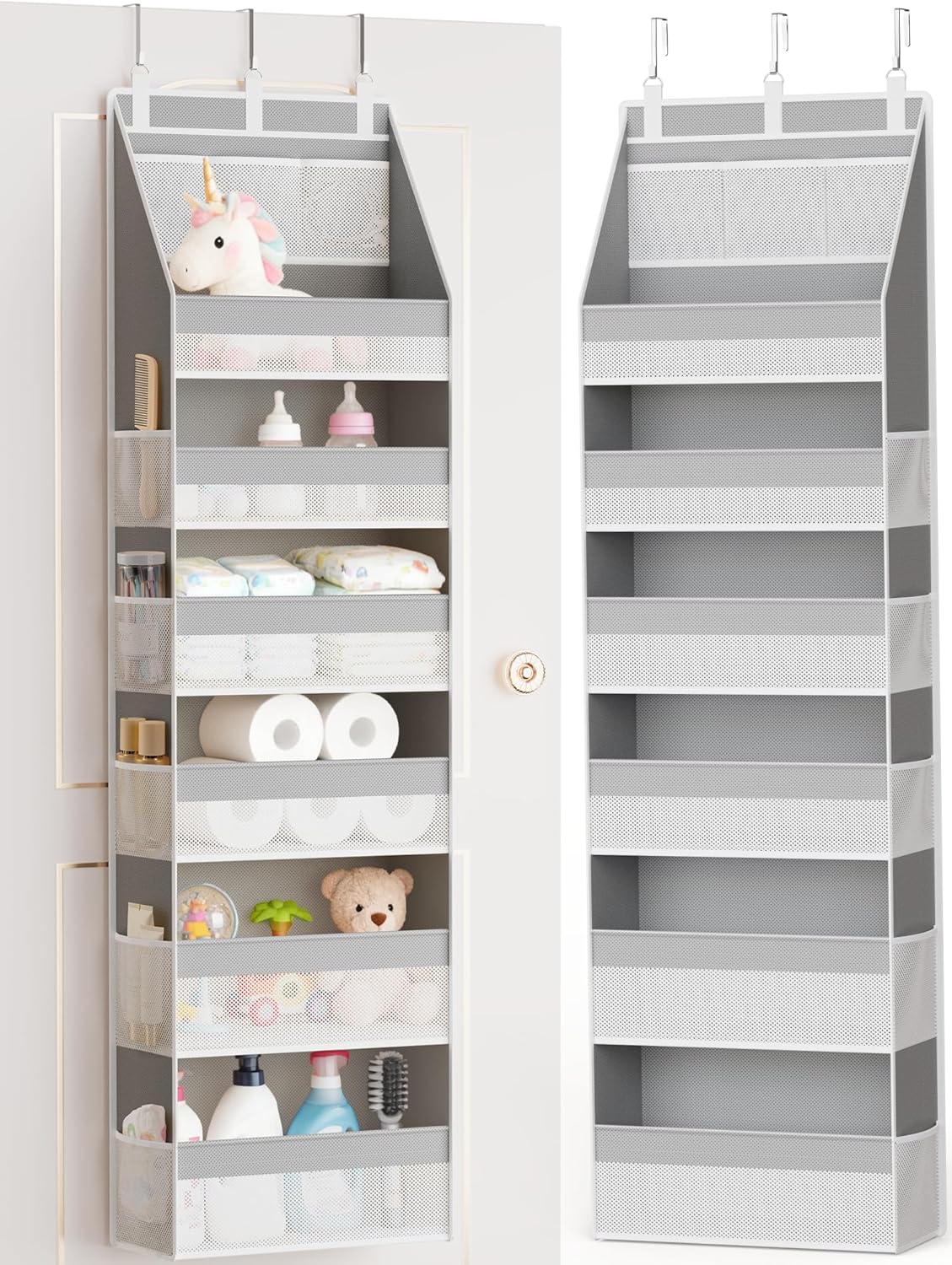 Criusia Over The Door Organizer, Heavy-Duty 6-Shelf Hanging Storage with 13 Mesh Pockets, 55lbs Capacity Behind The Door Storage for Nursery, Bathroom, Bedroom, and Dorm, Grey