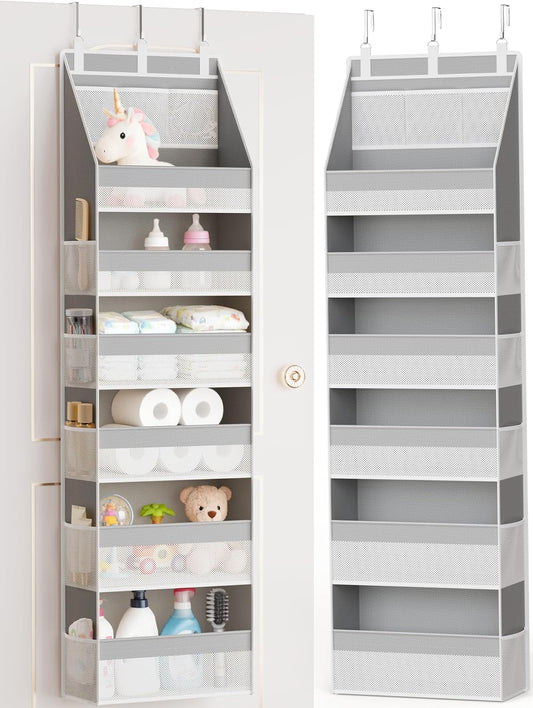 Criusia Over The Door Organizer, Heavy-Duty 6-Shelf Hanging Storage with 13 Mesh Pockets, 55lbs Capacity Behind The Door Storage for Nursery, Bathroom, Bedroom, and Dorm, Grey