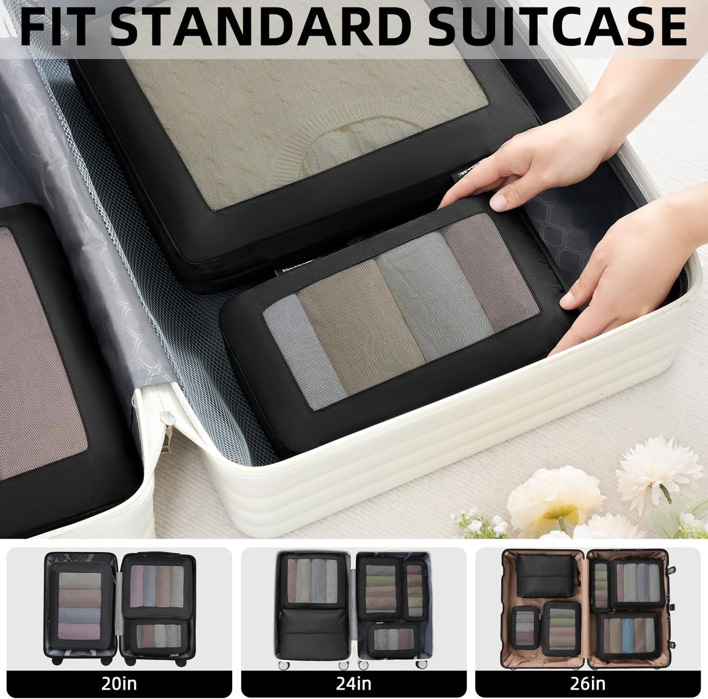 BAGAIL 4 Set/6 Set/8 Set Compression Packing Cubes Travel Accessories Expandable Packing Organizers (Square Mesh, 05-Jet Black)