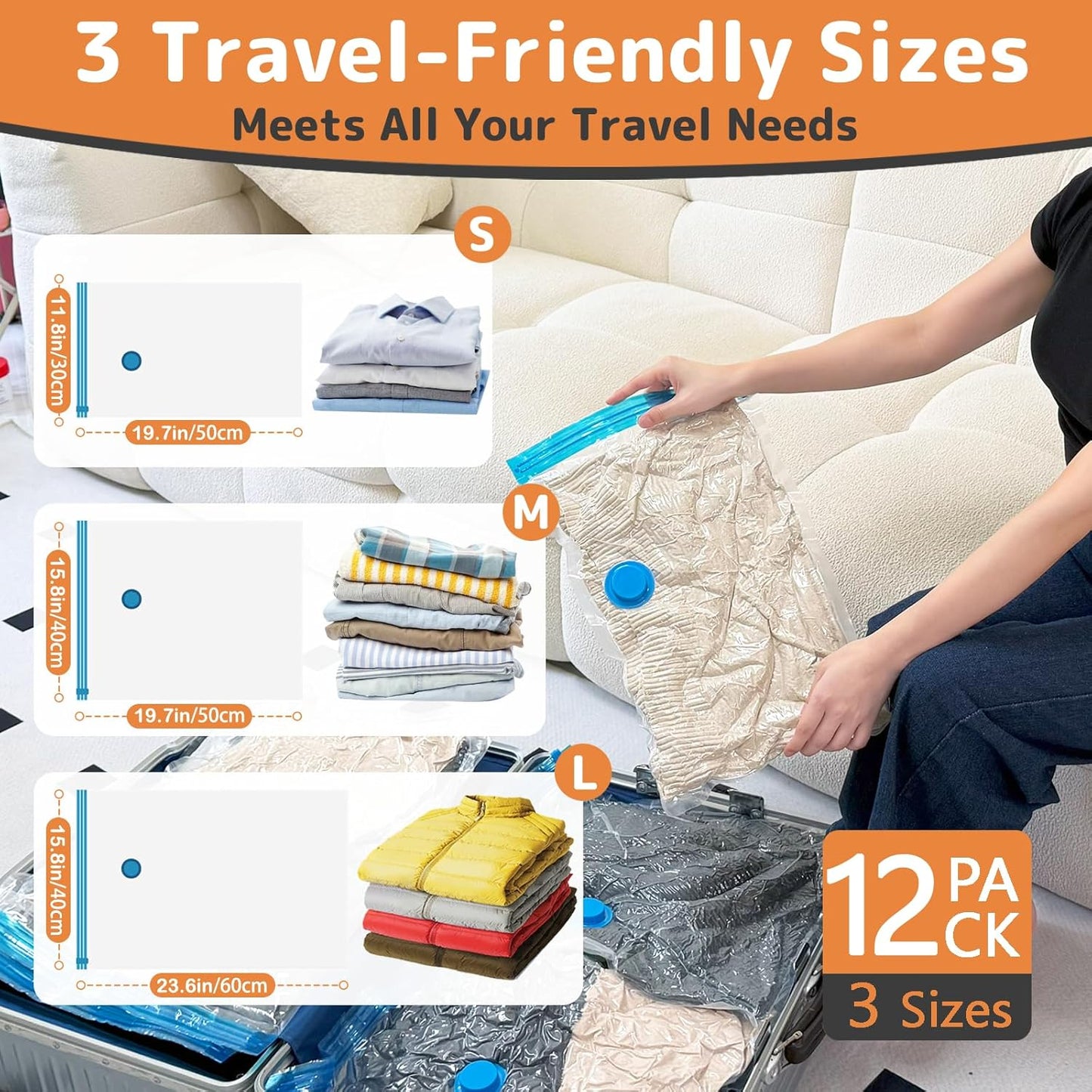 12 Pack Vacuum Bags for Travel with Rechargeable Air Pump, Carry-On Compression Bags for Luggage and Suitcase, Space Saver Storage for Clothing and Travel Organization