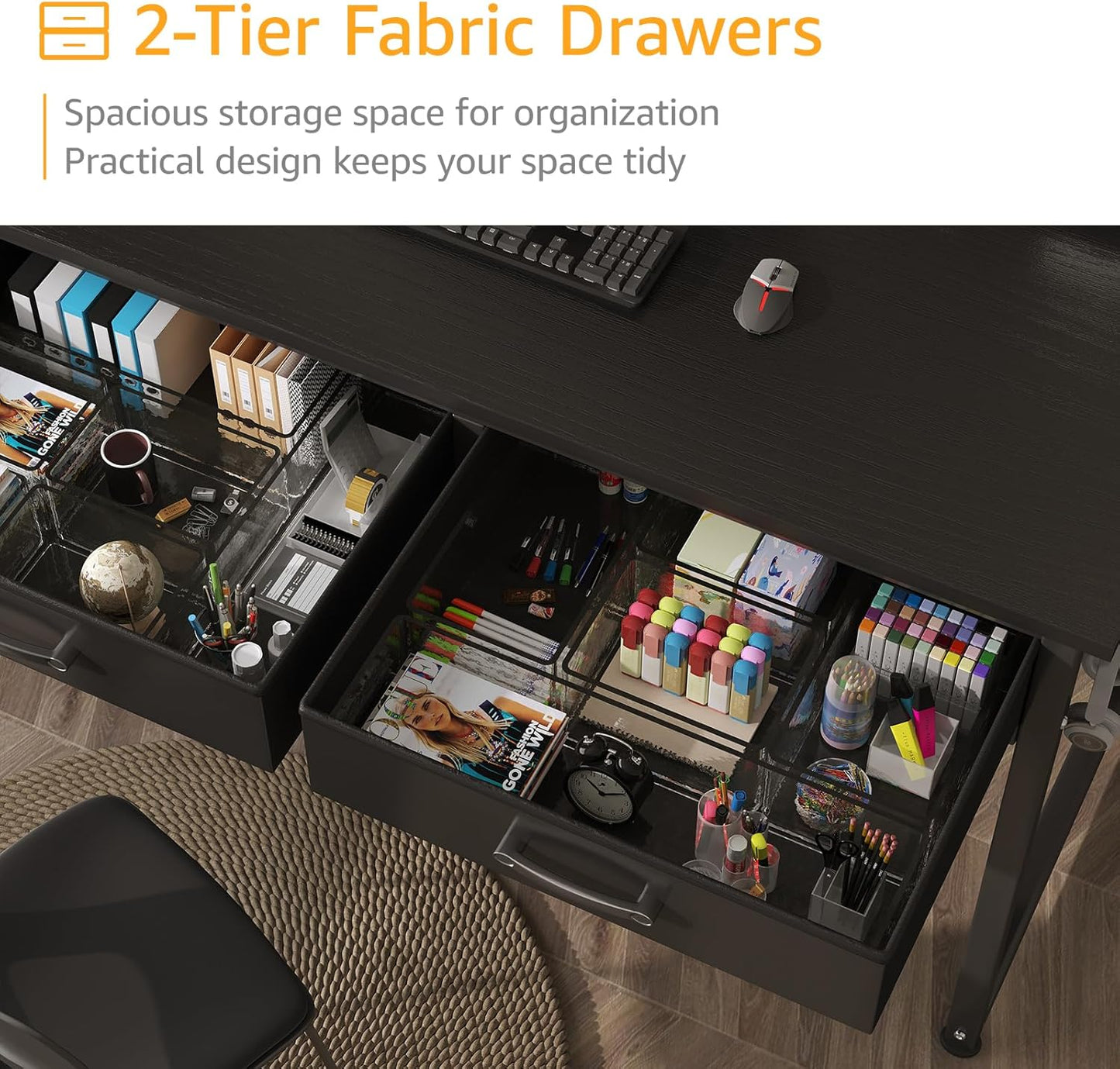 DLisiting Computer Desk with Fabric Drawers for Home Office Bedroom, 40 Inch Small Gaming Desk with 2 Drawers, Study Writing Table PC Desks, Black
