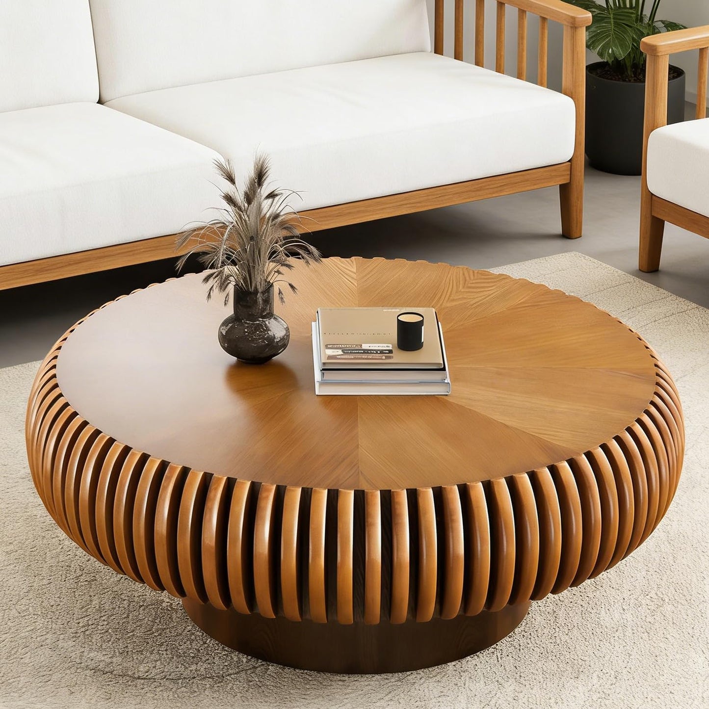 31 inch Brown Round Fluted Coffee Table for Living Room (E, 1PC) | Mid Century Modern Style, Drum Shape, Low Circle Center Table, Wood Fluted Stripes, For Small Spaces, Easy to Assemble
