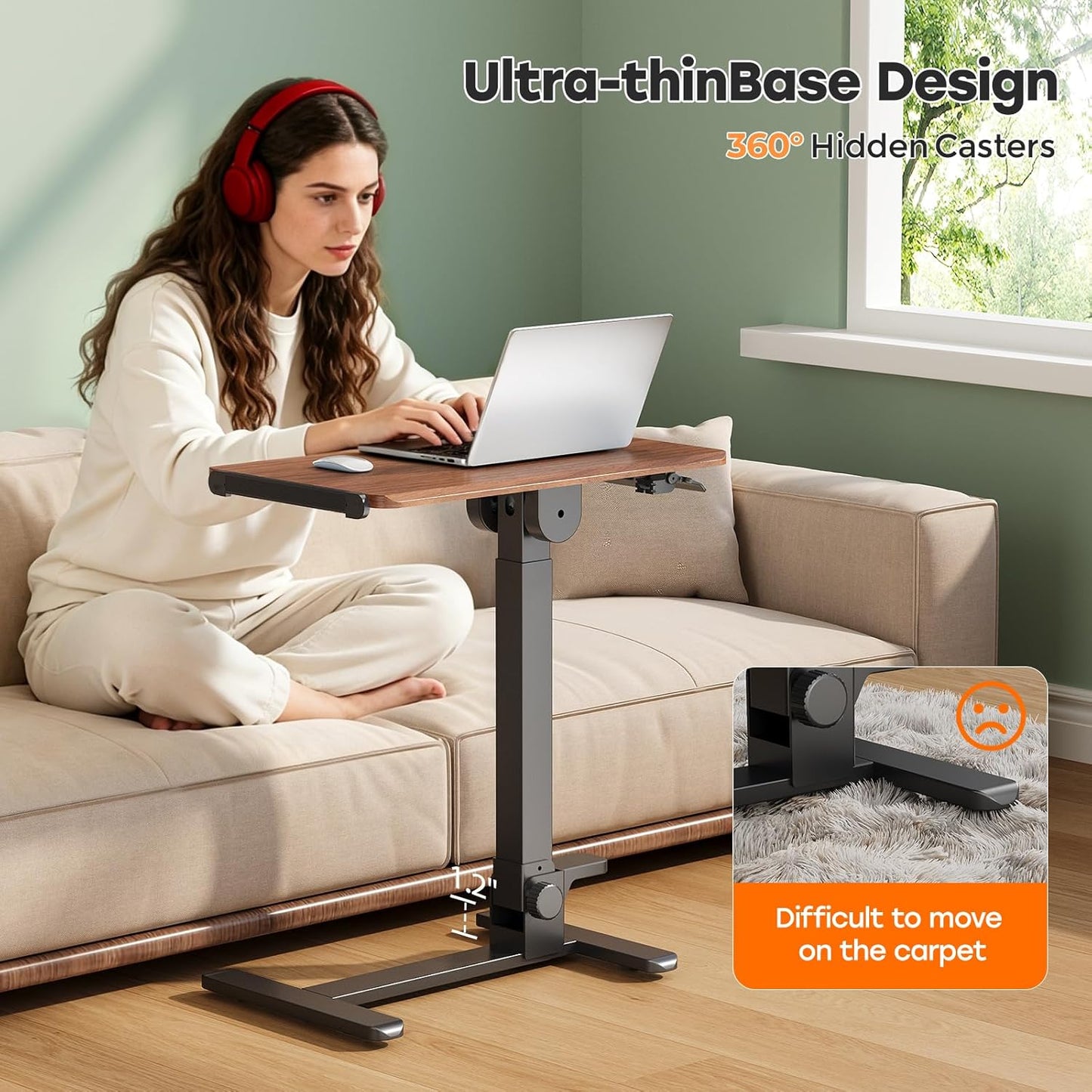 Foldable Mobile Standing Desk, 27 Inch Small Rolling Laptop Cart Height Adjustment, 90° Tiltable Bedside Table, No Assembly Needed Portable Computer Workstation, Dark Wood