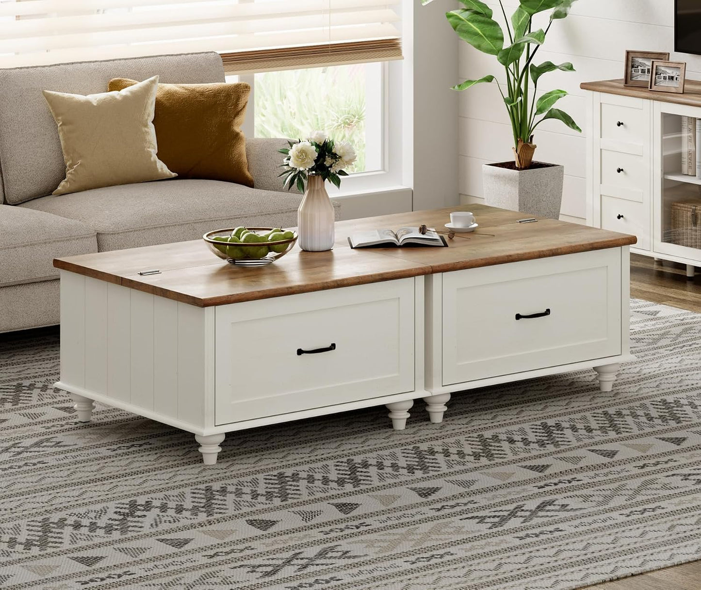 WAMPAT Farmhouse Coffee Table with Storage, Set of 2 Square Coffee Table with Lift Top & Drawers for Living Room, Wooden Center Table for Home & Office, White