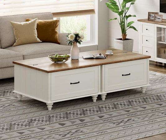 WAMPAT Farmhouse Coffee Table with Storage, Set of 2 Square Coffee Table with Lift Top & Drawers for Living Room, Wooden Center Table for Home & Office, White