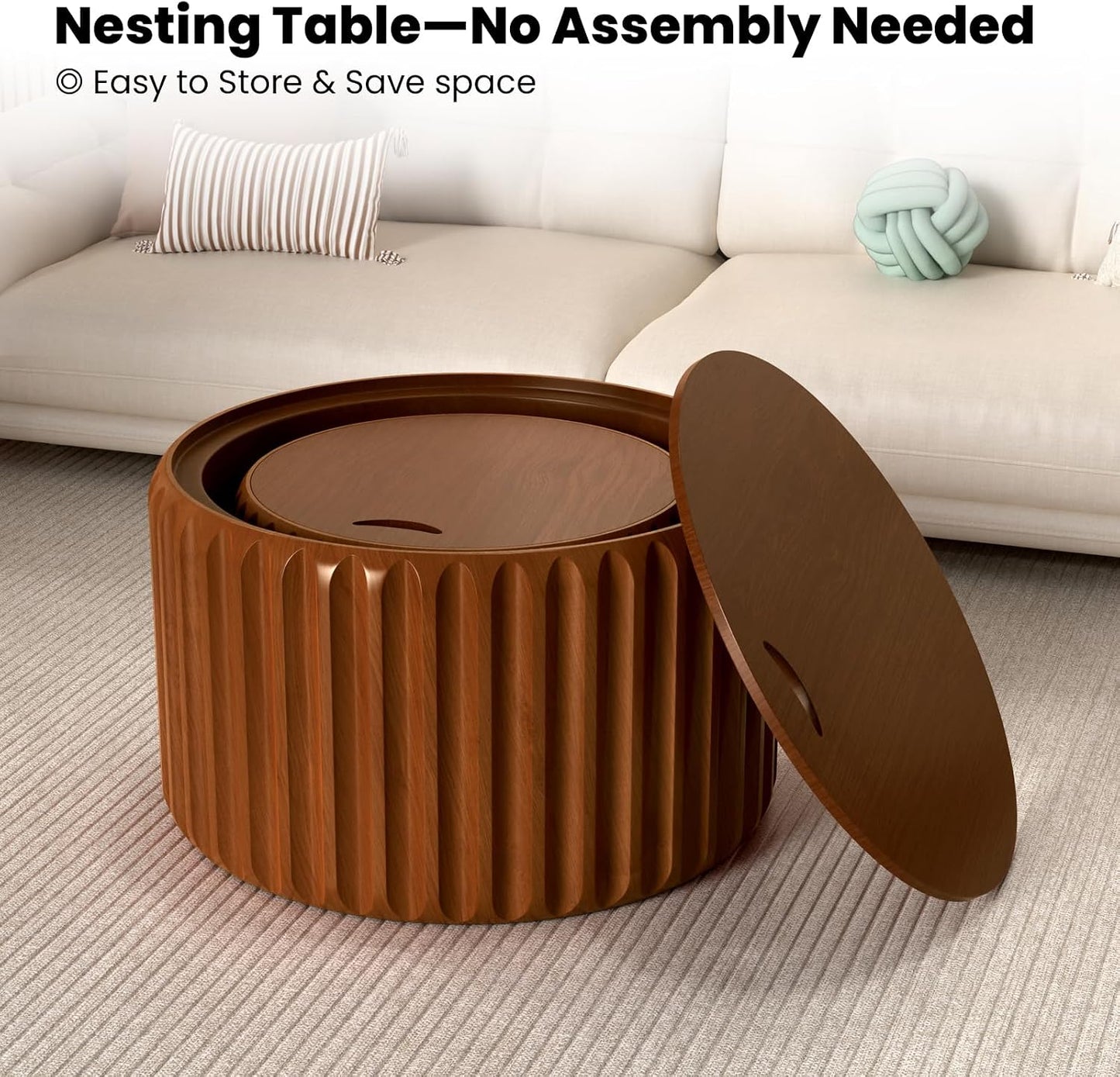 Round Nesting Coffee Table Set of 2 with Storage, No Assembly (Brown) | Wood Fluted Coffee Table Modern Drum Accent Tea Center Table Side End Table for Living Room, Bedroom, Small Space