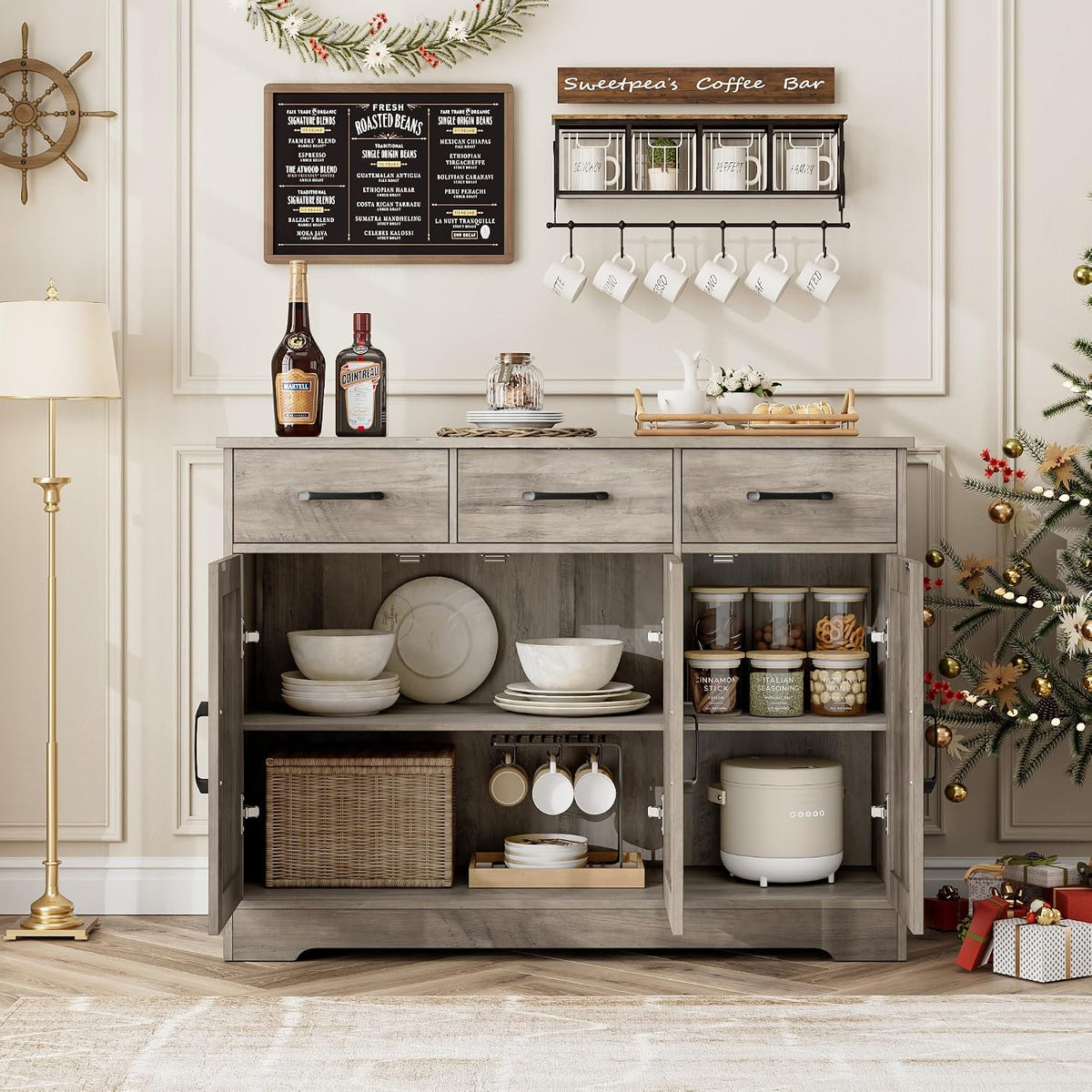 HOSTACK Kitchen Buffet Cabinet with Storage, Sideboard Coffee Bar, Grey | Farmhouse Kitchen Storage Cabinet with 3 Drawers & Adjustable Shelf, 42.5"W Buffet Table for Dining Living Room, White