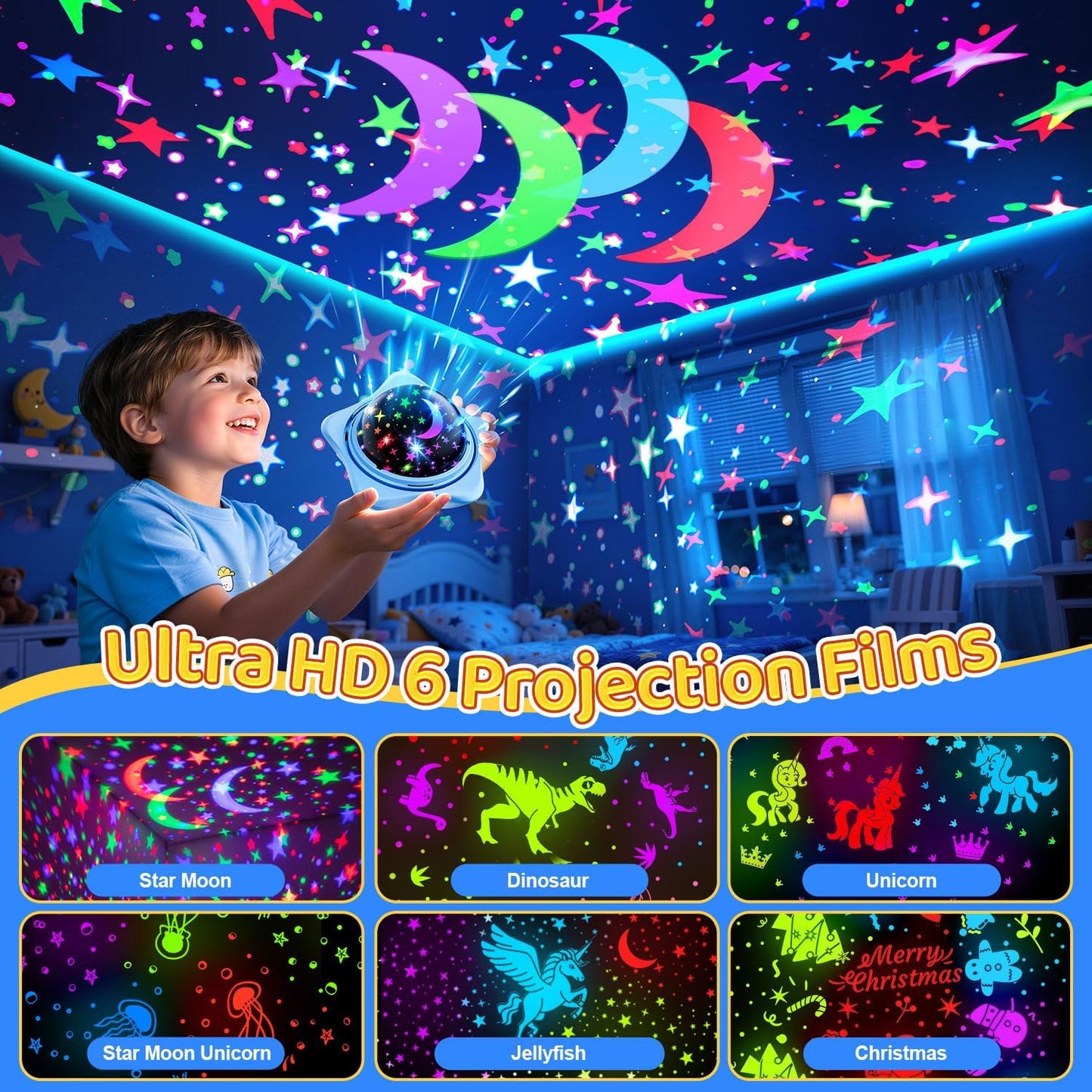 One Fire Night Light for Kids Toys,6 Films+78 Lighting Modes Star Projector,Rechargeable Night Light Projector,360°Rotion Star Lights for Bedroom Decor,Birthday Gifts for Kids Baby Sensory Toys Autism