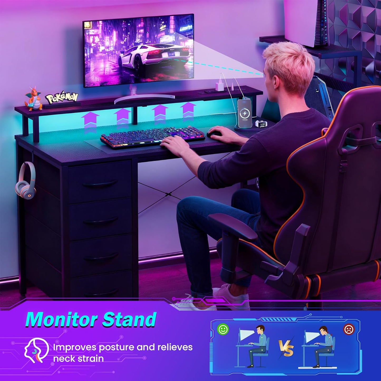 51 Inch Gaming Desk with LED Lights and Power Outlets, Computer Desk with Storage Shelves, Fabric Drawers, Monitor Stand & Side Hook, Reversible Gamer Table for Home Office, Carbon Fiber Black