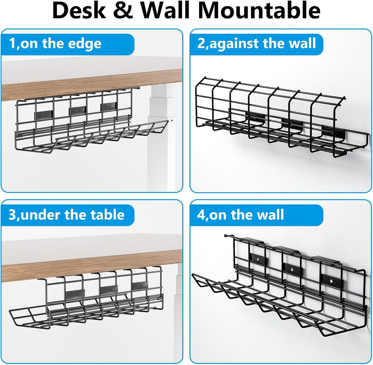 2 Pack DELAMU Under Desk Cable Management Tray, Metal Cord Cable Organizer for Desk, Easy Install Pre-drilled Wire Management Wire Organizer for Office & Home