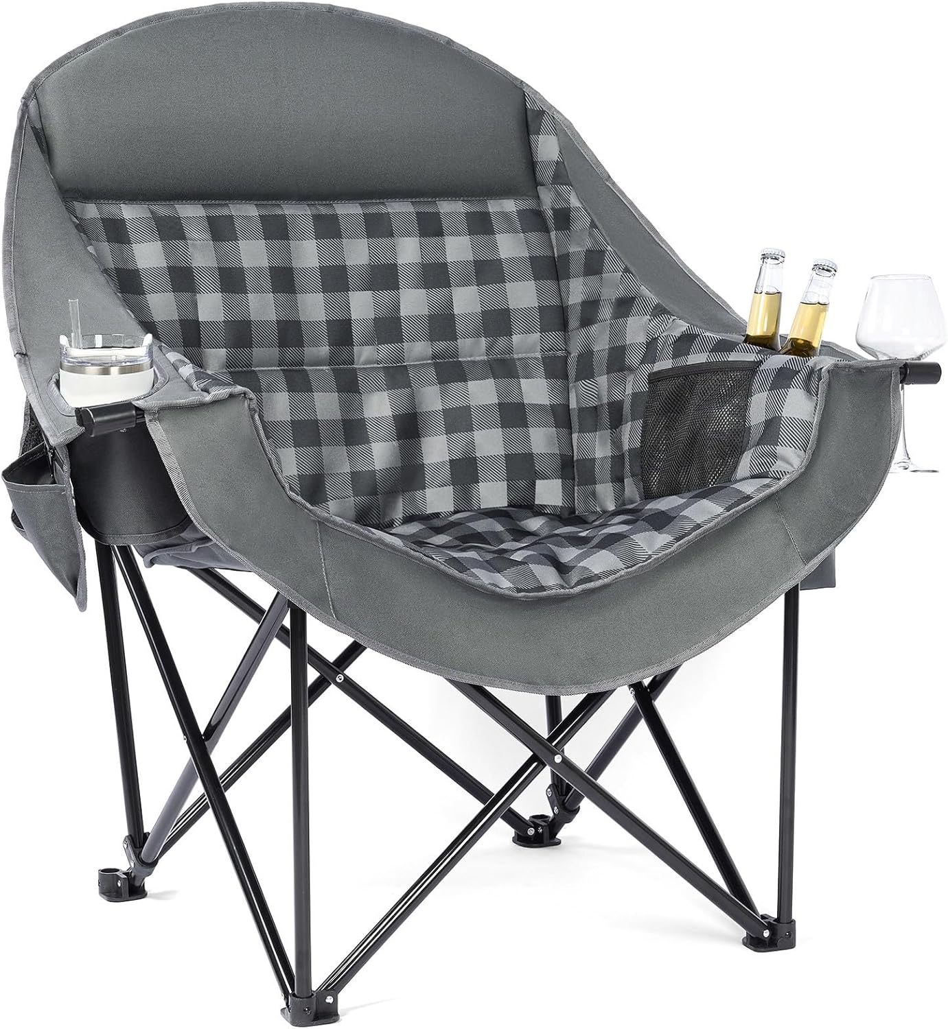 Oversized Camping Chairs for Adults - Heavy Duty Padded Outdoor Folding Lawn XL Camp Chair with Cup Holder Cooler Pockets for Outside Sports Beach Fishing Garden Portable Supports 500lbs, Grey