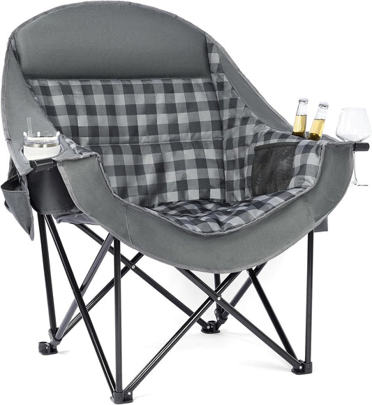 Oversized Camping Chairs for Adults - Heavy Duty Padded Outdoor Folding Lawn XL Camp Chair with Cup Holder Cooler Pockets for Outside Sports Beach Fishing Garden Portable Supports 500lbs, Grey