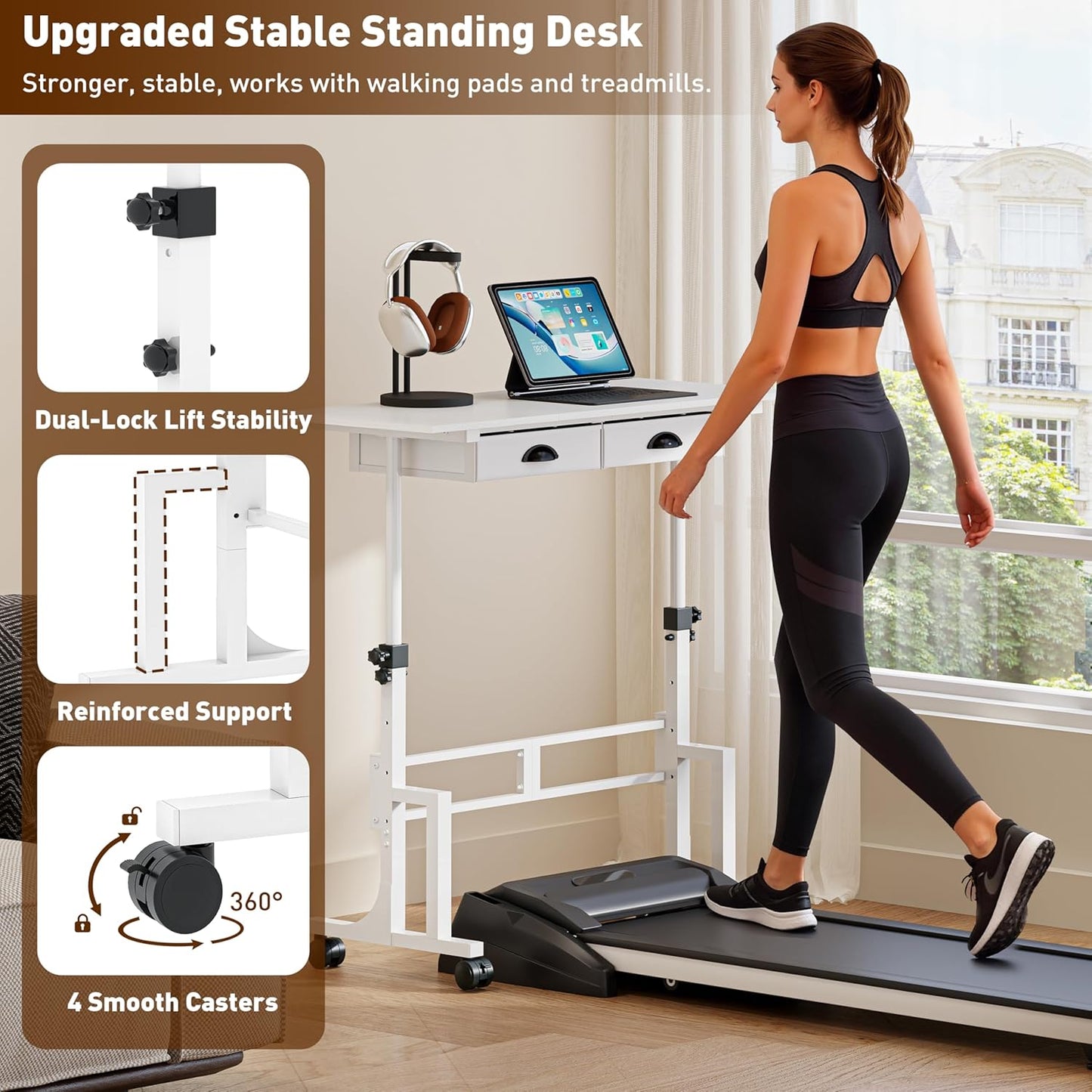 Height Adjustable Standing Desk with 2 Drawers, Small Sit Stand Up Desk with Wheels, Portable Rolling Desk for Walking Pad Treadmill, Computer Office, Adjustable 31.5"-43.3", White, Upgraded Stable