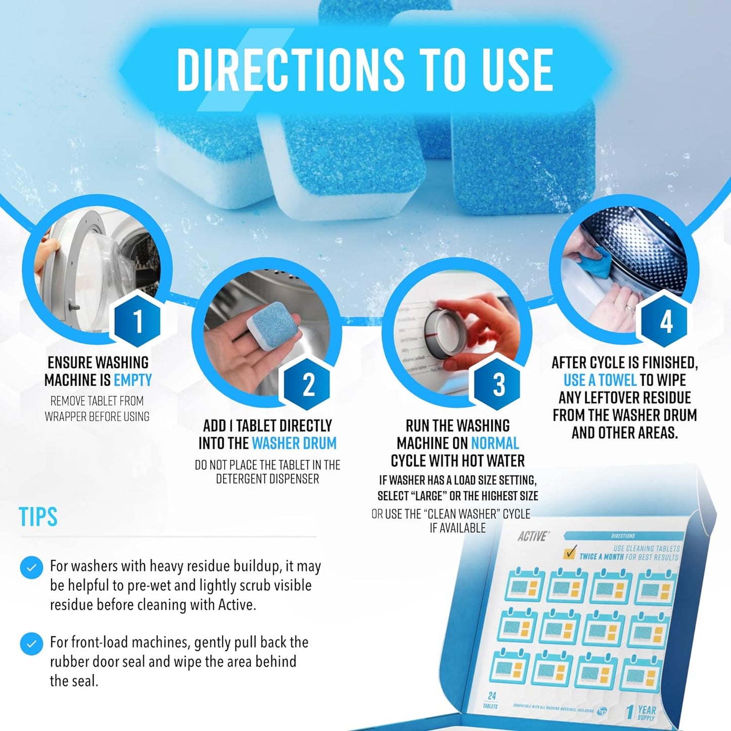 Washing Machine Cleaner Descaler 24 Pack - Deep Cleaning Tablets For HE Front Loader & Top Load Washer, Septic Safe Eco-Friendly Deodorizer, Clean Inside Drum and Laundry Tub Seal - 12 Month Supply