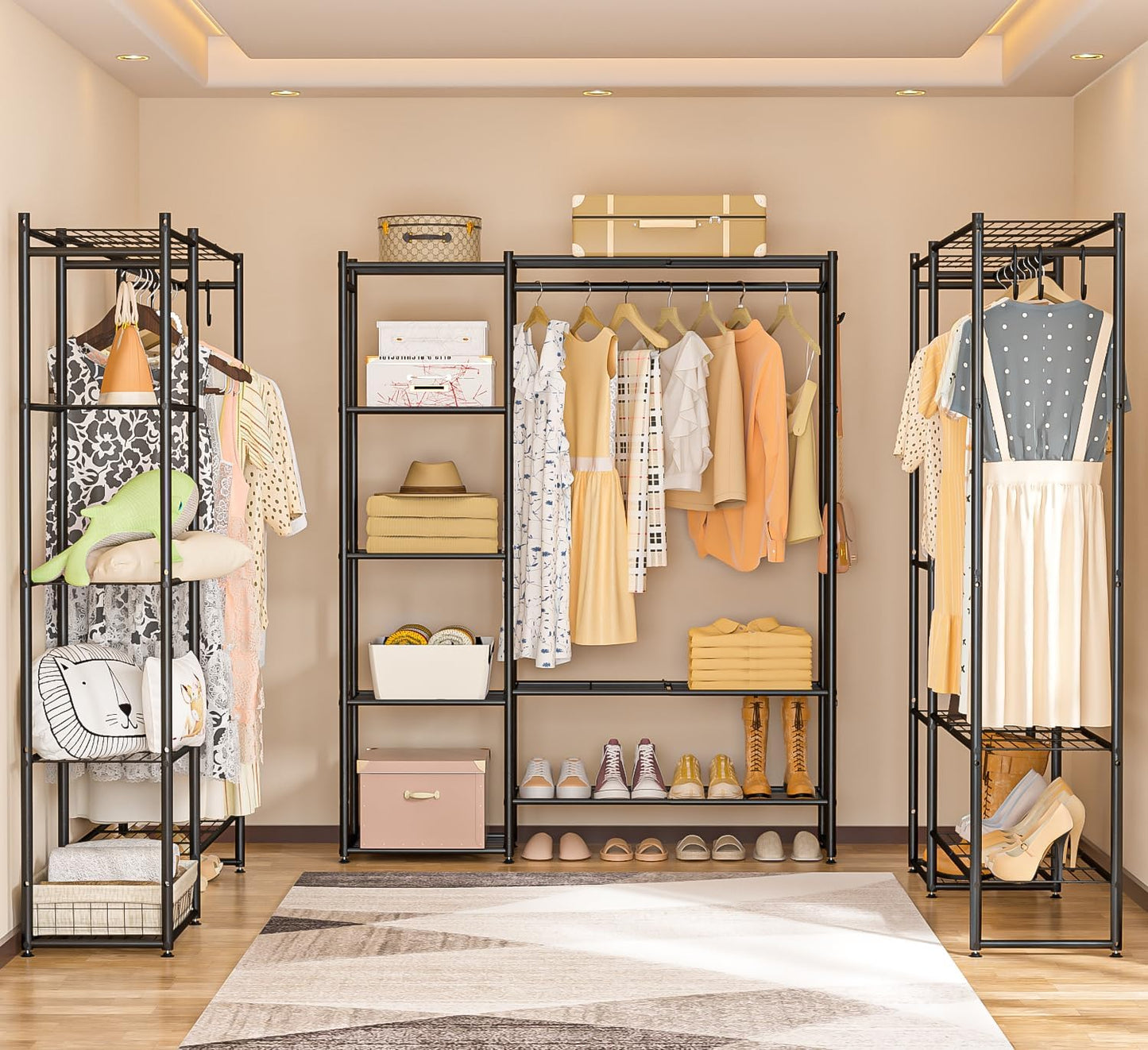 Neprock Wardrobe Closet, Portable Clothing Rack for Hanging Clothes, Free Standing Closet Organizers and Storage System with 4 Tiers Shelves for Cloakroom Bedroom, Black