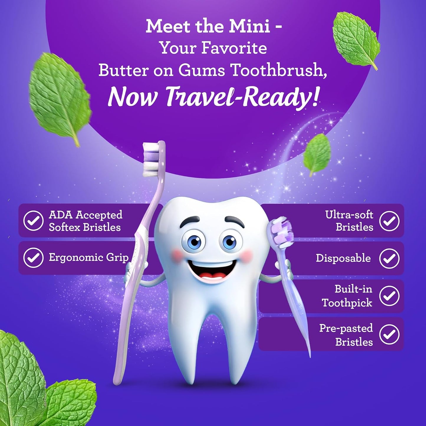GuruNanda Mini Disposable Toothbrushes with Toothpaste & Toothpick, Prepasted Ready-to-Go Travel Toothbrush with Butter on Gums Bristles - Fluoride Free, No Rinsing, Individually Wrapped, 70 Ct