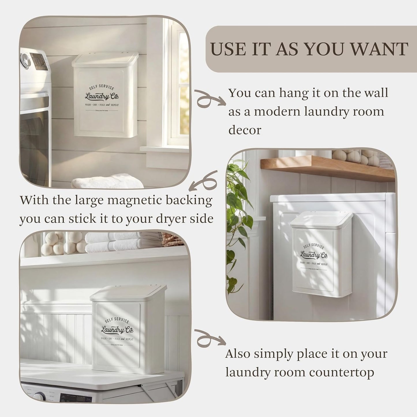 MONJITA Magnetic Lint Bin for Laundry Room, Metal Trash Can with Lid for Dryer, Farmhouse Lint Holder, Laundry Co Sign, Laundry Room Storage Decor with Dryer Lint Brush(White)