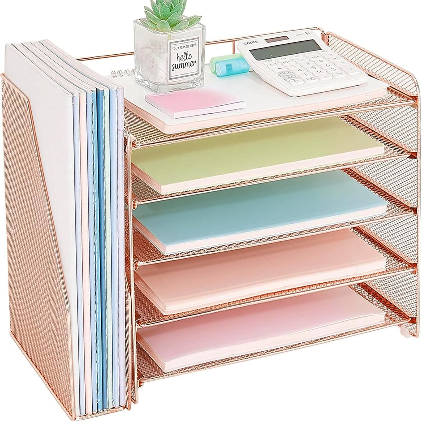 OPNICE Desk Organizer, 5-Tier Paper Organizer Letter Tray with Magazine Holder, Office Desk Accessories & Workspace Organizers, Desktop File Organizer for Office Supplies Storage, Rose Gold
