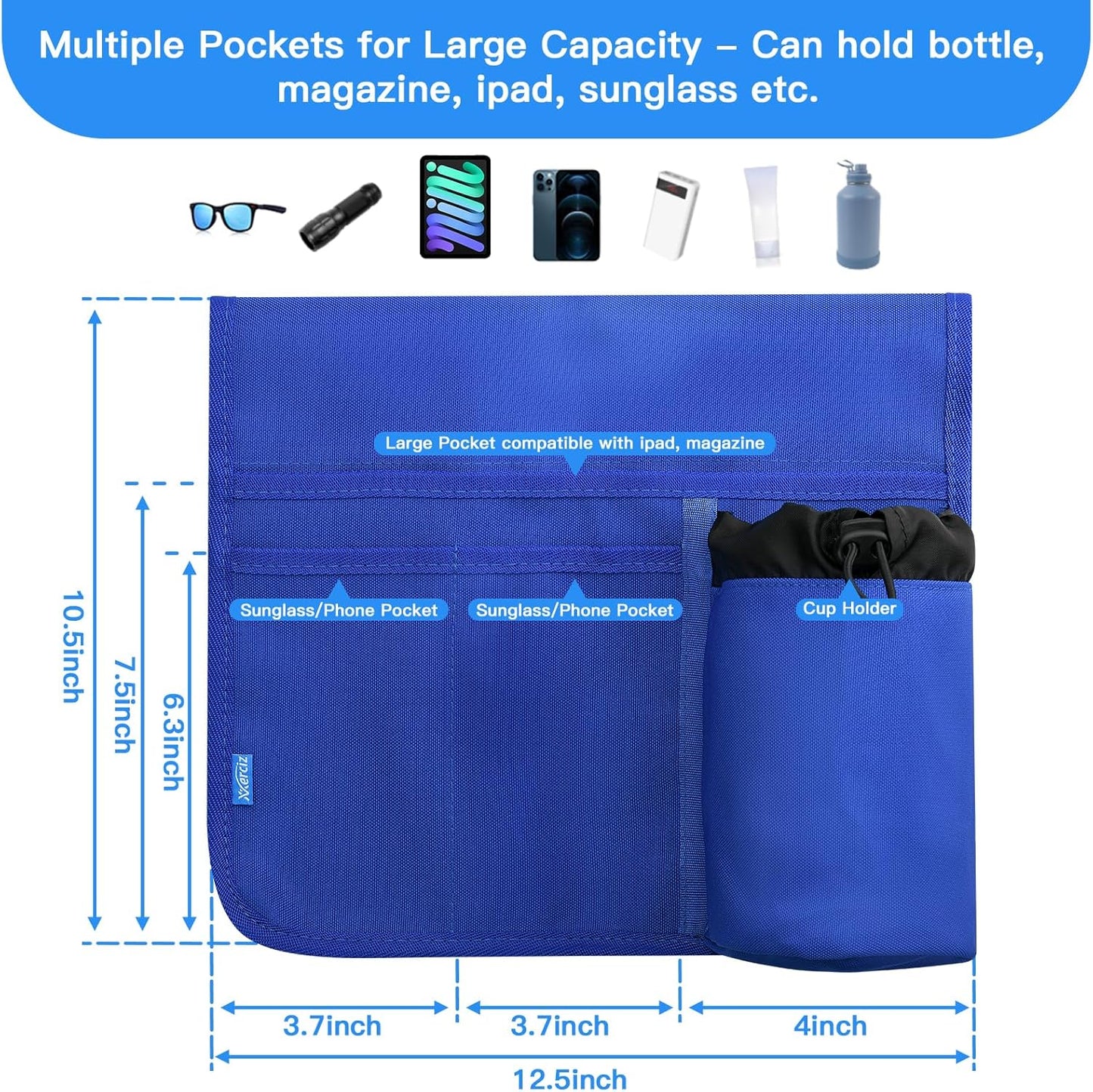 Xxerciz Beach Chair Cup Holder, Camping Chair Armrest Drink Organizer with Easily Attached Hook and Loop Strap, Universal Chair Accessory for Water Bottle, Sunglasses, Phone, Tablet, etc. (Blue)